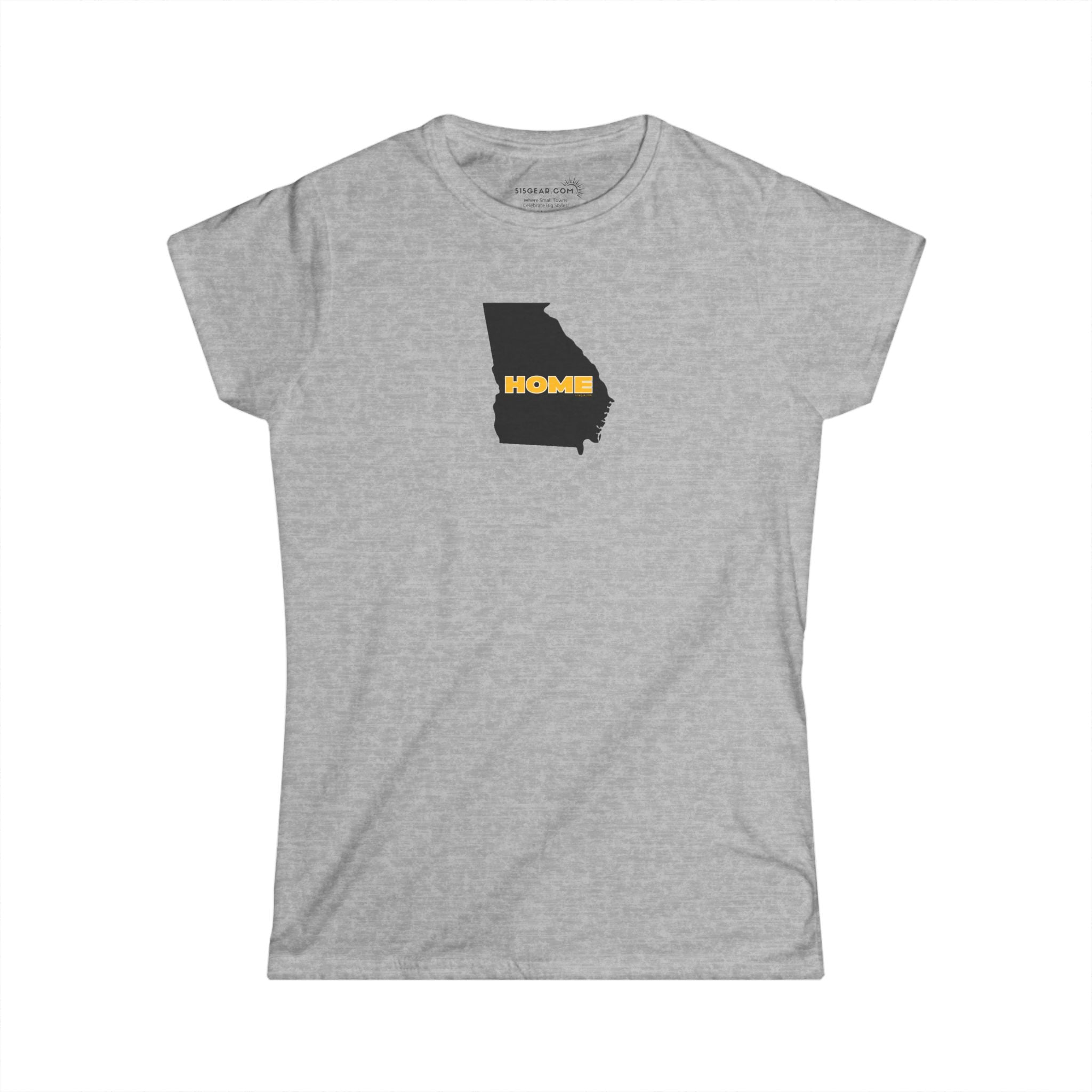 Gray Women's Semi-fitted v-neck Tee with tear-away label; 100% cotton with State of Georgia graphic and text "Home" in kennesaw state university colors