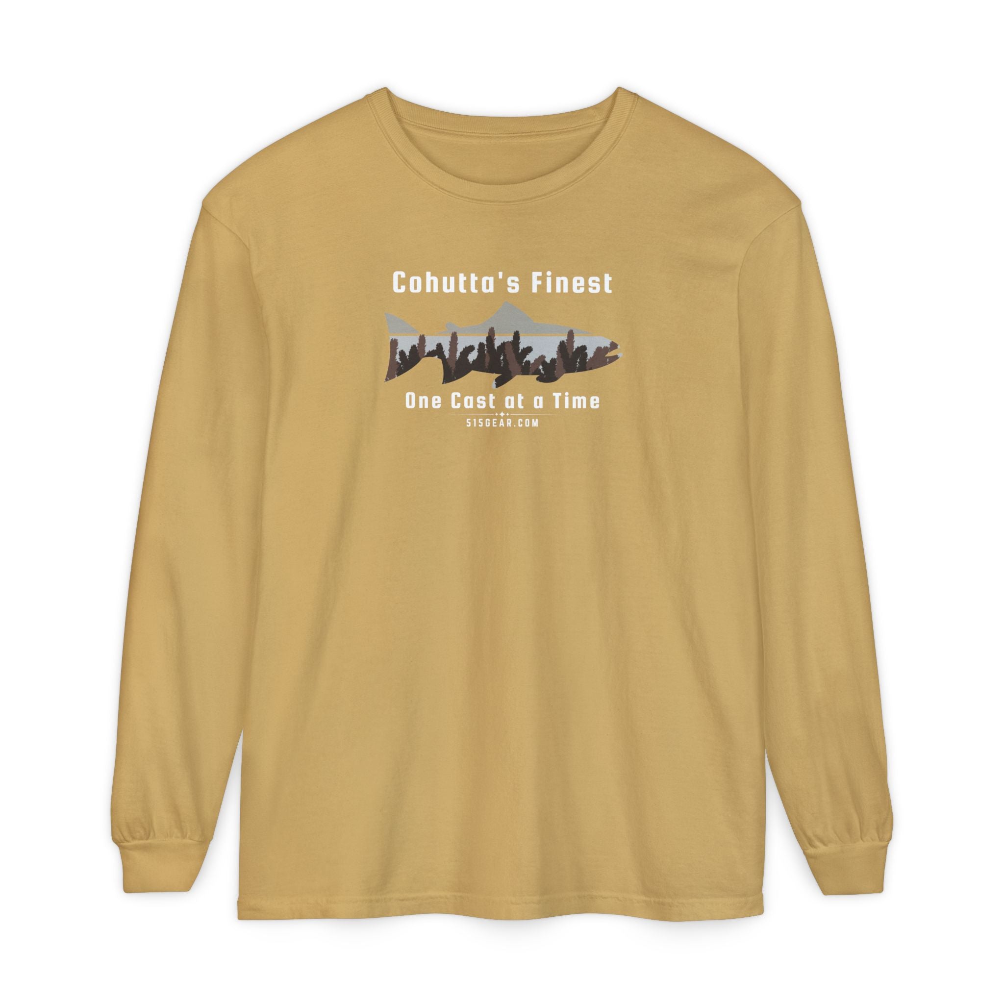 Mustard long-sleeve shirt with a fishing-themed design saying Cohutta's finest One Cast at a Time by 515Gear.com