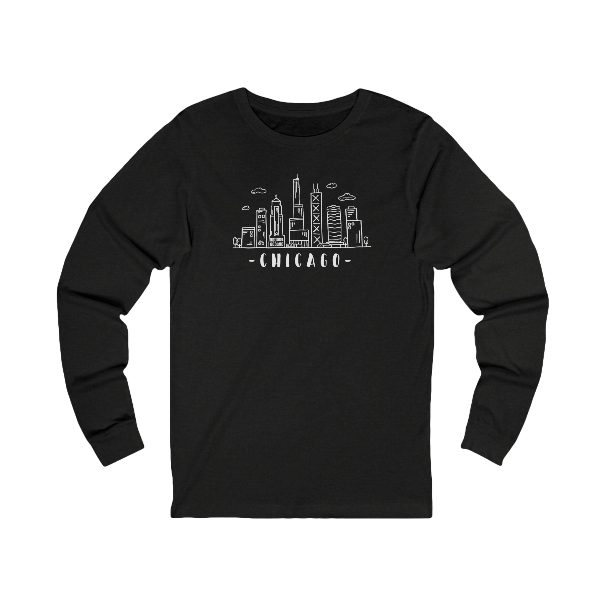 Black long-sleeve shirt with Chicago skyline graphic and text "Chicago"