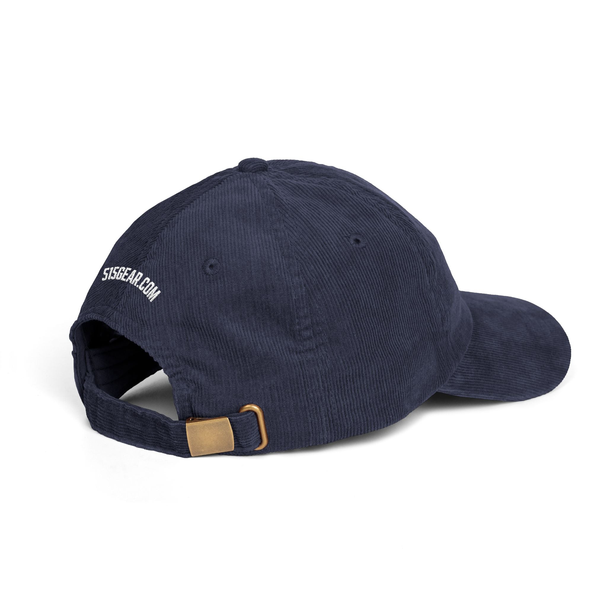 Navy blue corduroy hat with buckle and 515Gear.com embroidered in white on the back