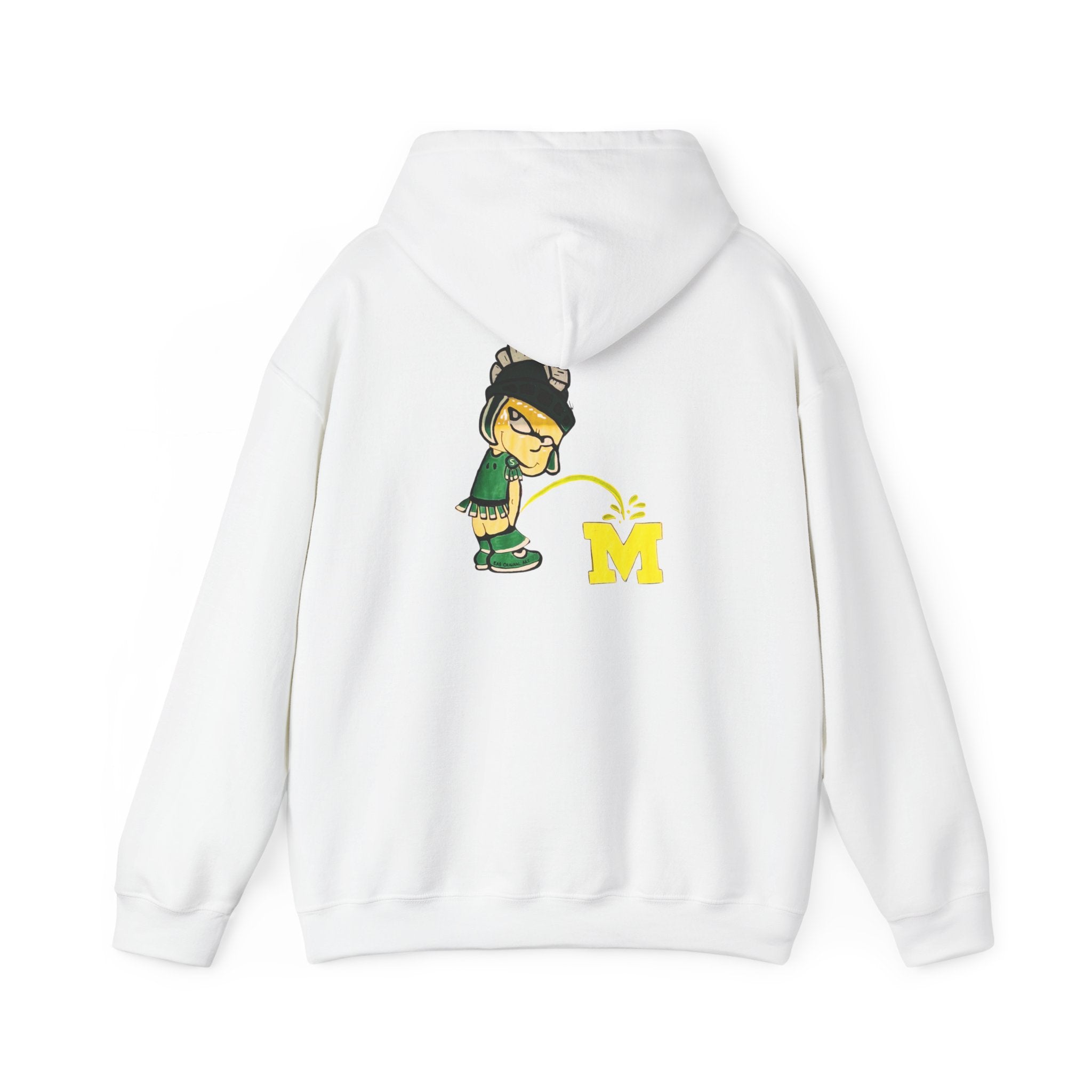 White hoodie with Sparty cartoon character peeing on a block M