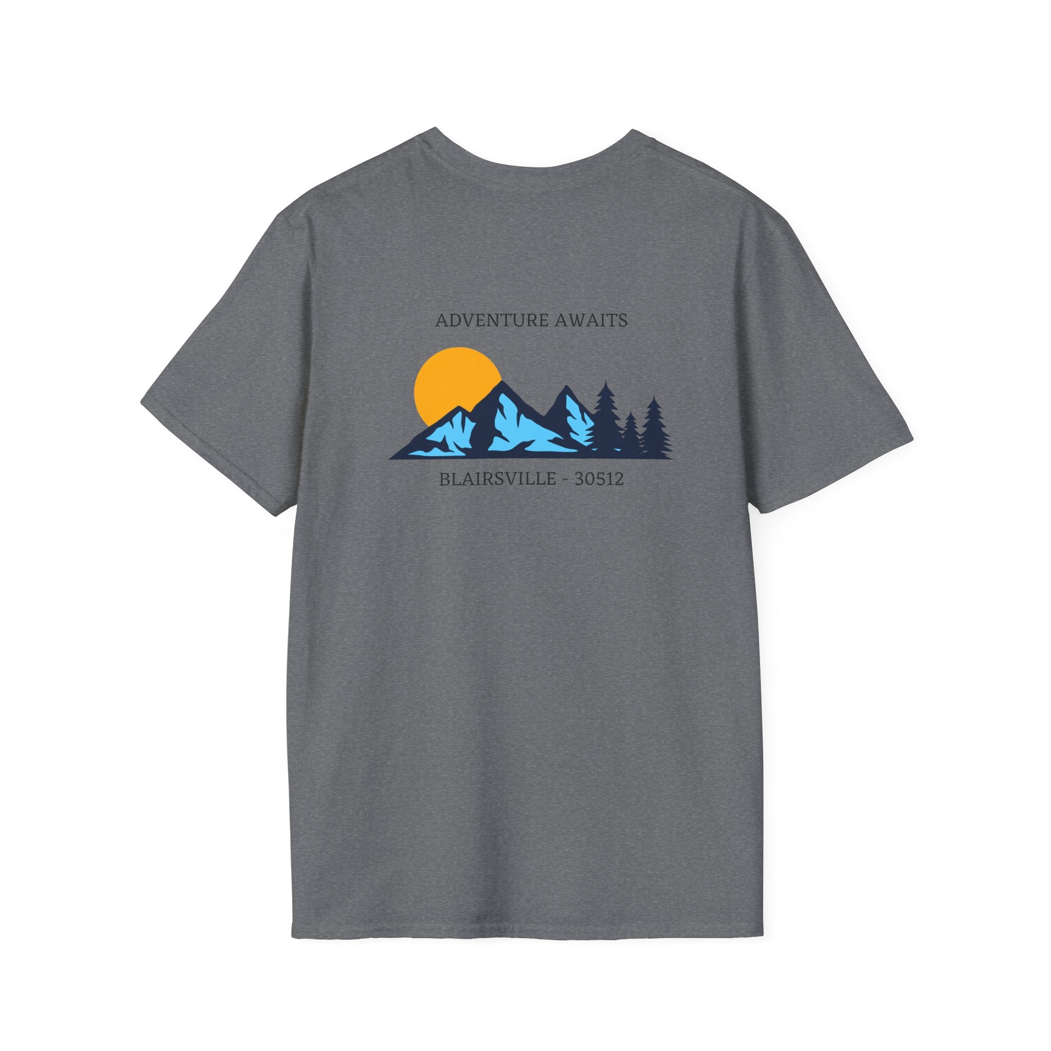 Adult t-shirt, graphic mountains 'ADVENTURE AWAITS', by 515Gear.com |Blairsville, GA |