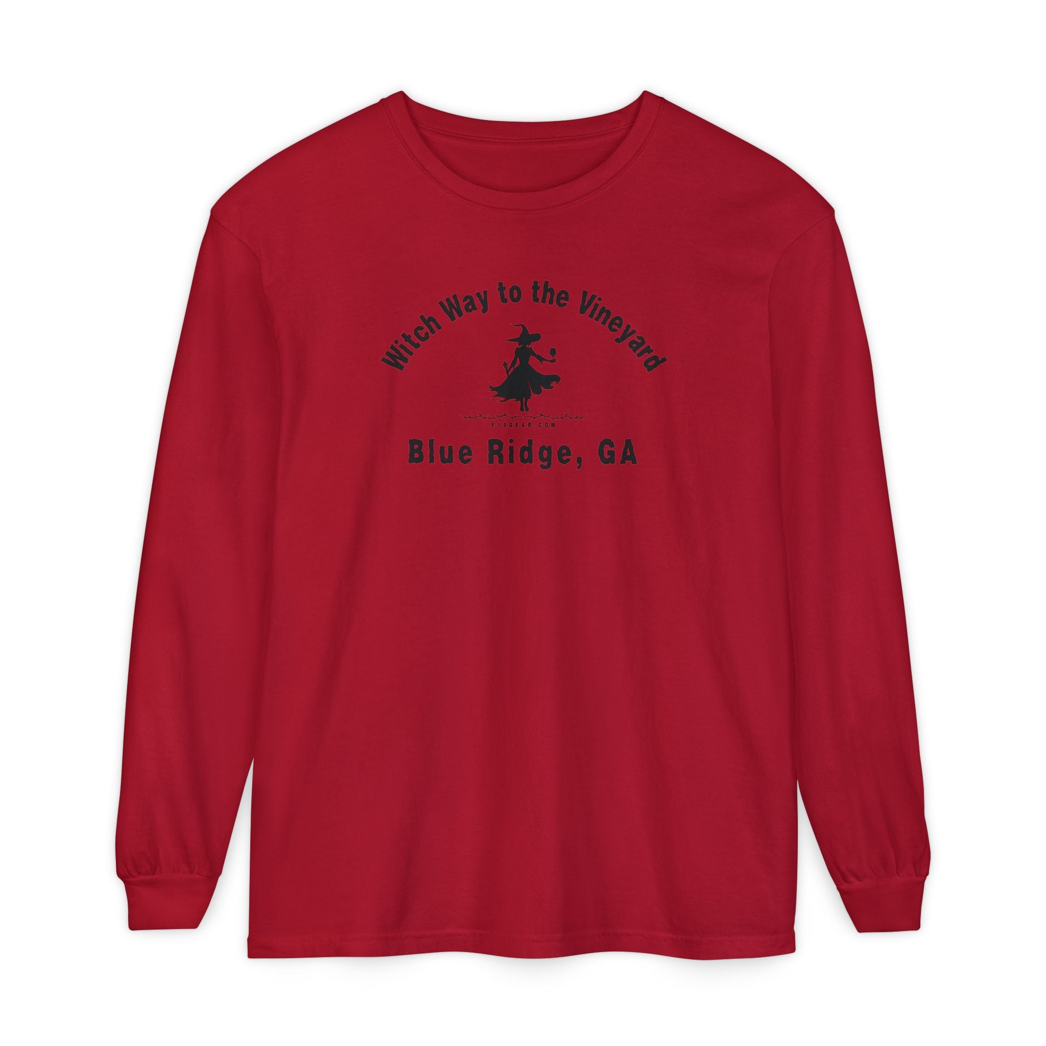 Red long sleeve t-shirt with sassy witch graphic holding a glass of wine and text "Witch Way to the Vineyard - Blue Ridge GA" by 515Gear.com