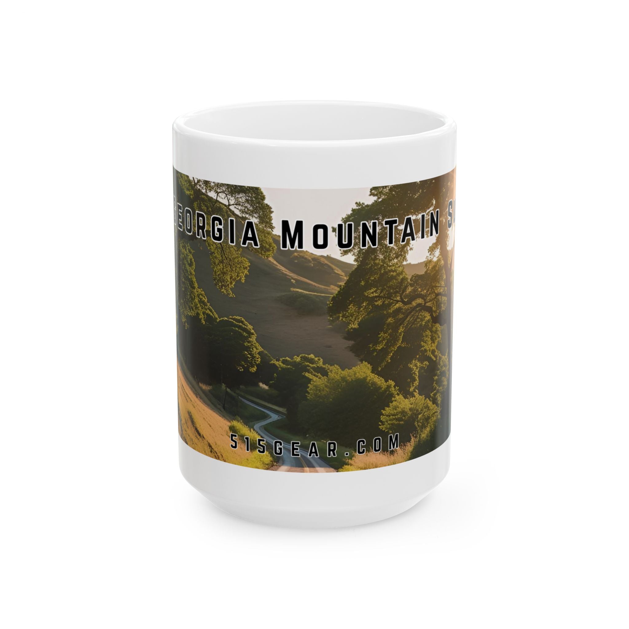 Mug with a vintage scenic design of a rural road at sunrise cutting through the North Georgia Mountains in Summer by 515Gear.com