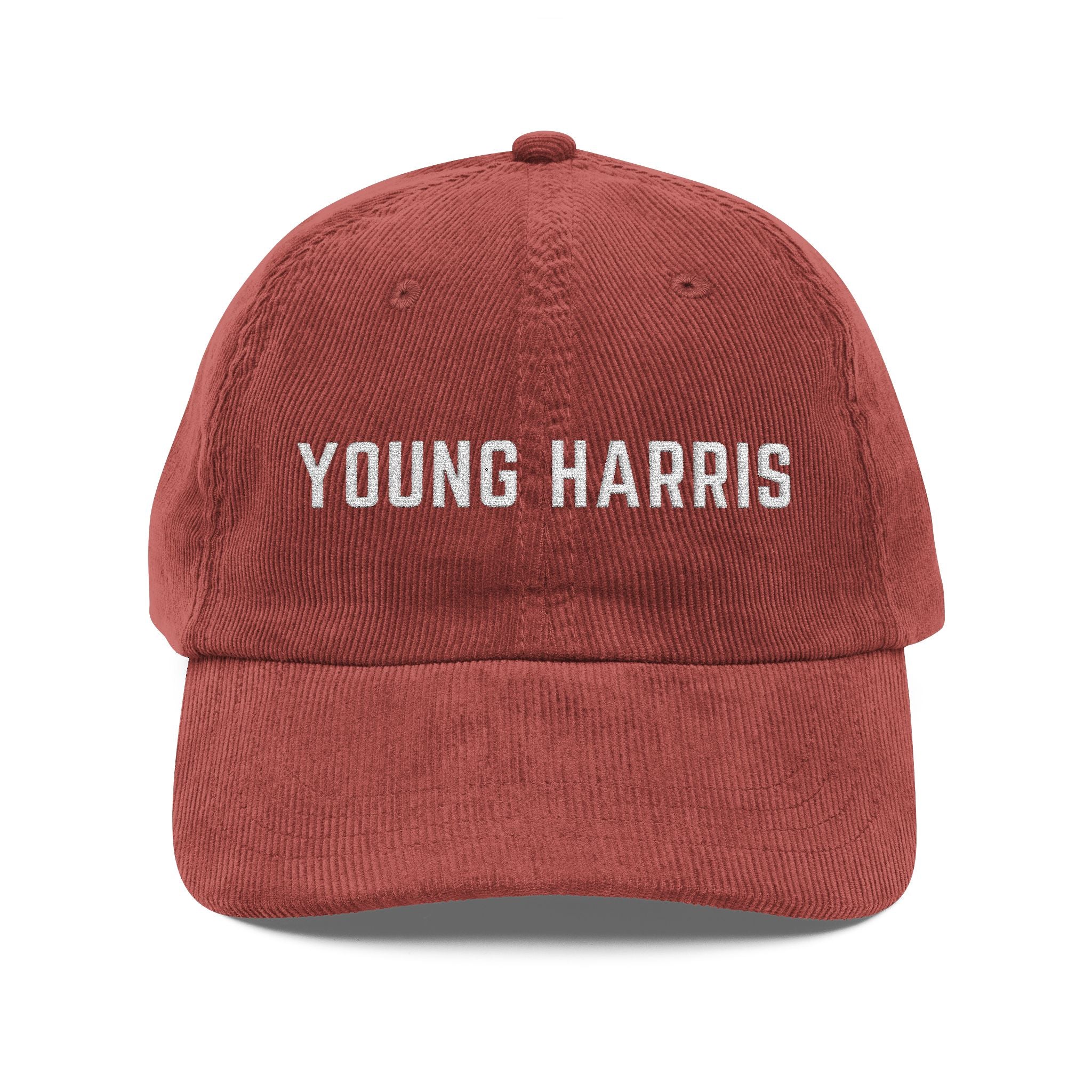 Red corduroy hat with white 'YOUNG HARRIS' text embroidered by 515Gear.com