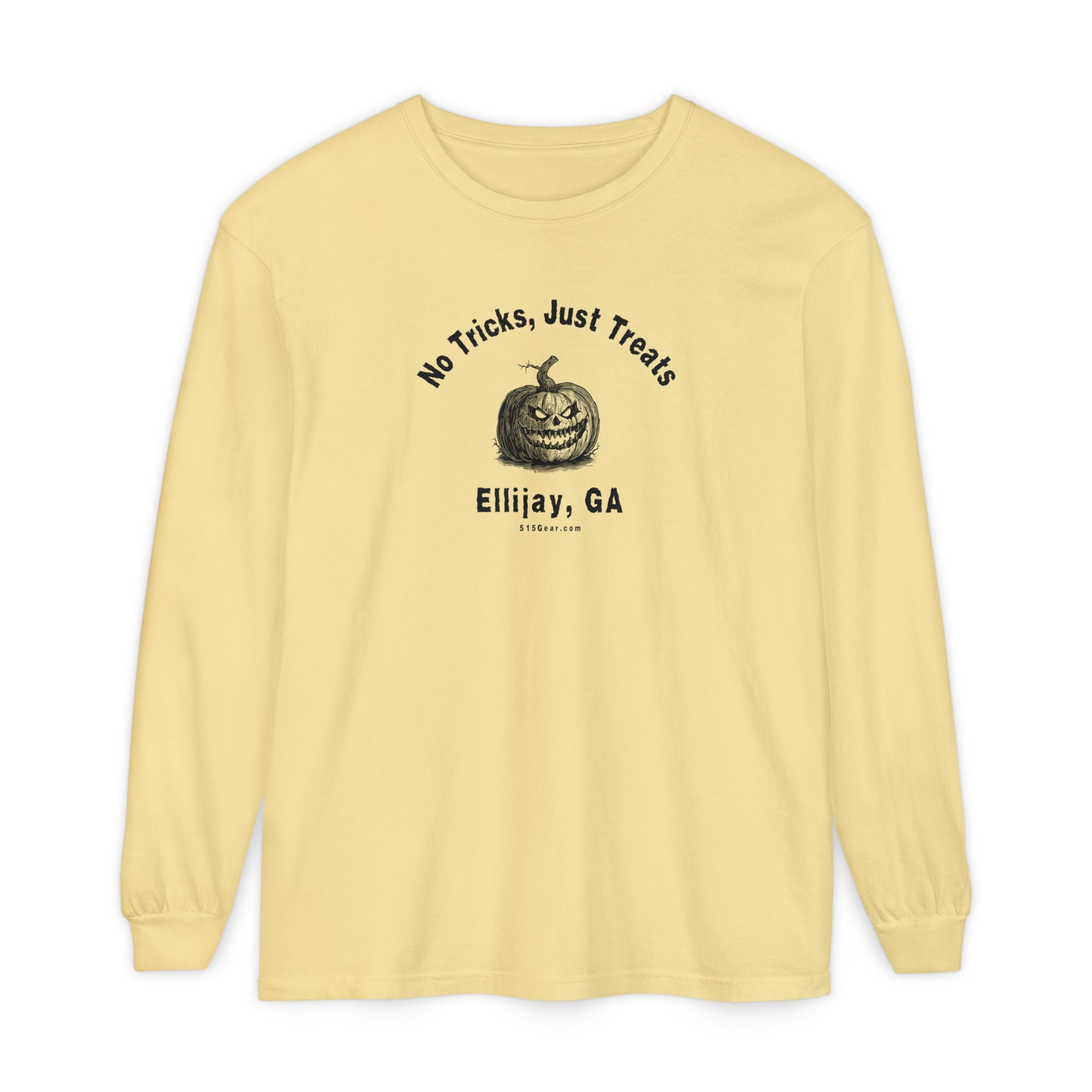 Yellow unisex long sleeve T-shirt with jack-o-lantern graphic and text "No Tricks Just Treats - Ellijay GA" by 515Gear.com