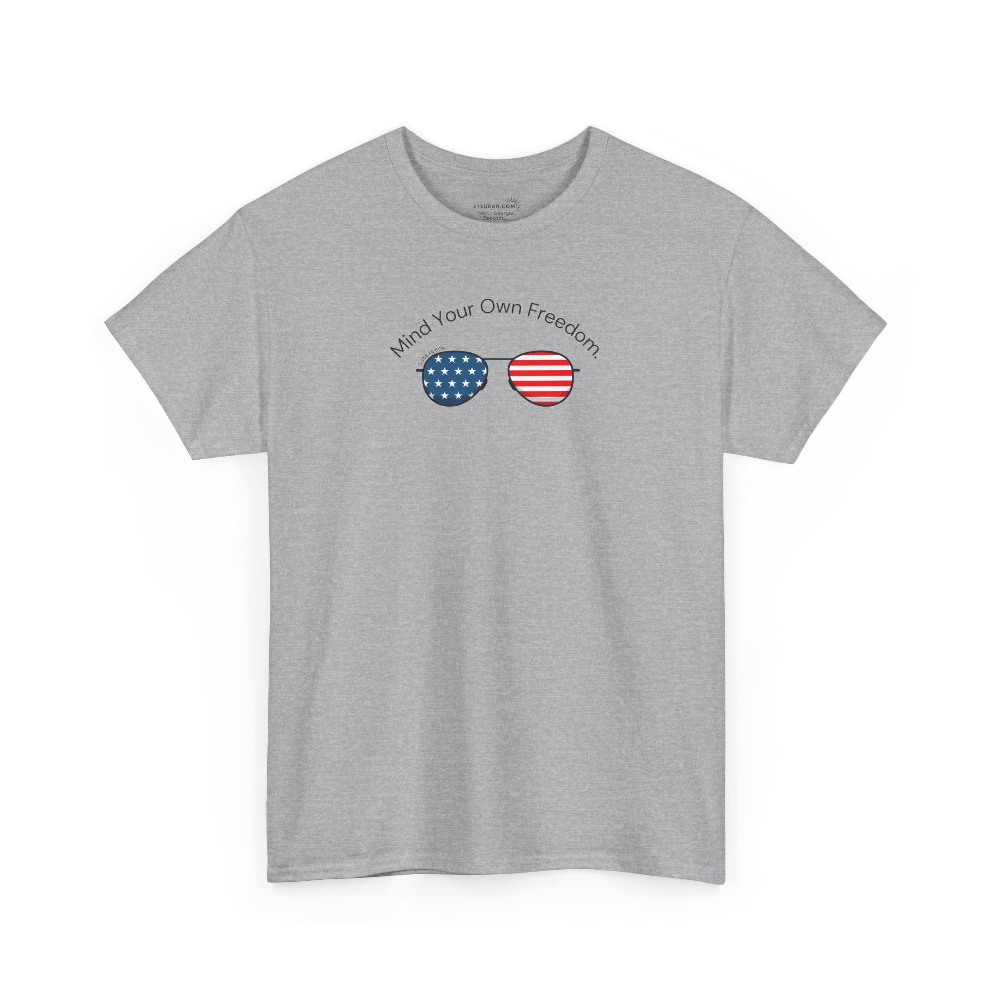 Gray t-shirt with American Flag sunglasses and text "Mind Your Own Freedom"