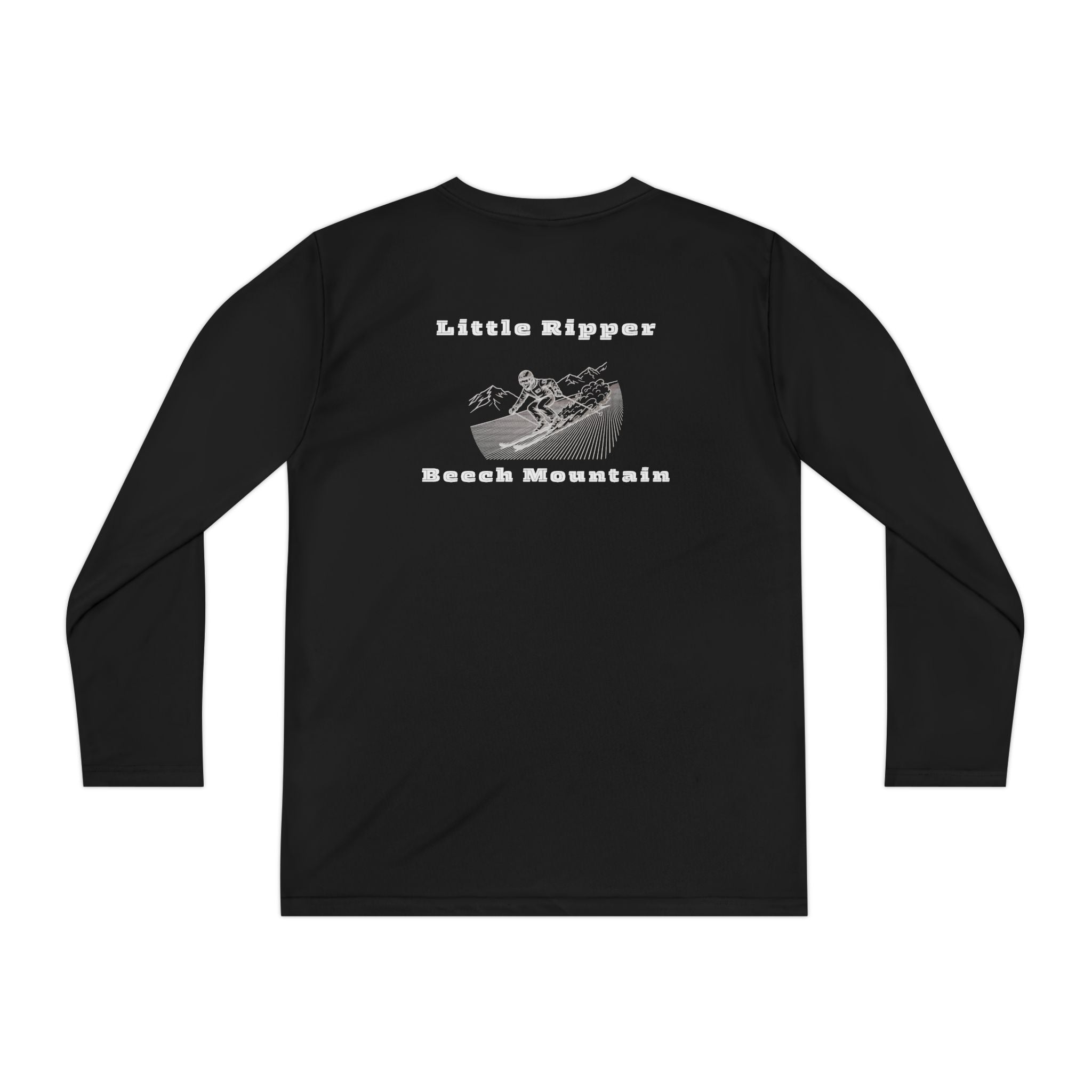 Black long-sleeve performance tee with text "Little Ripper - Beech Mountain" with Skier shredding graphic on the back