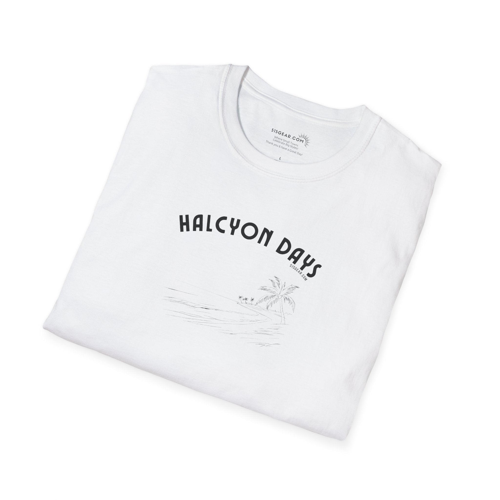 White t-shirt with 'Halcyon Days' text on a white background