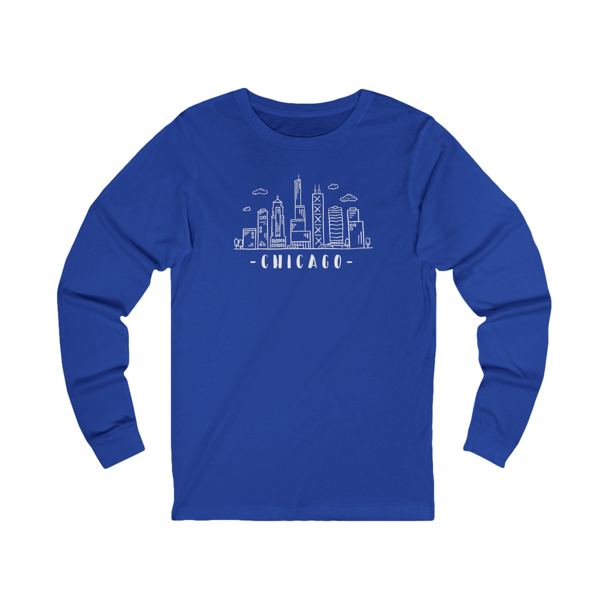 Blue long-sleeve shirt with Chicago skyline graphic and text "Chicago"