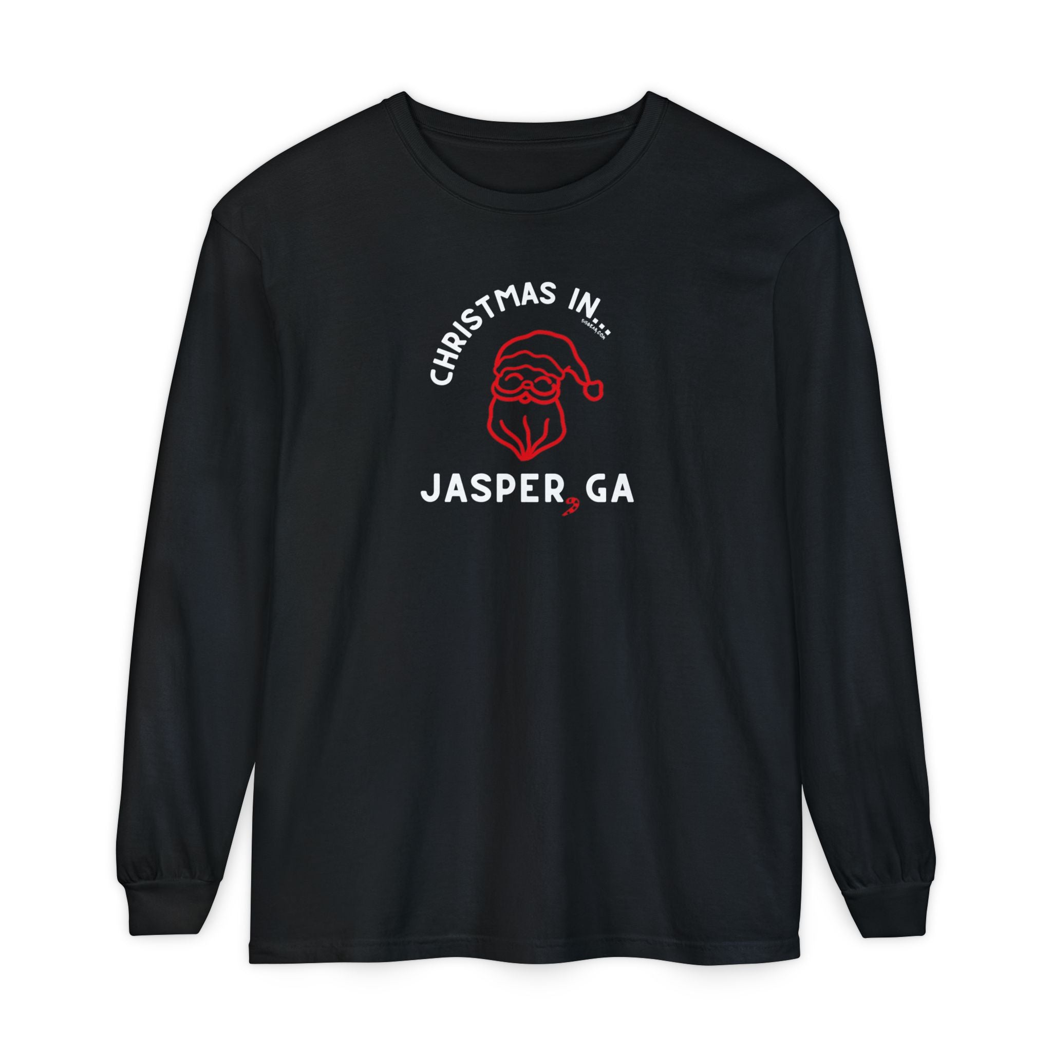 Black long-sleeve shirt with happy Santa and candy cane graphic and text "Christmas in... Jasper, GA"