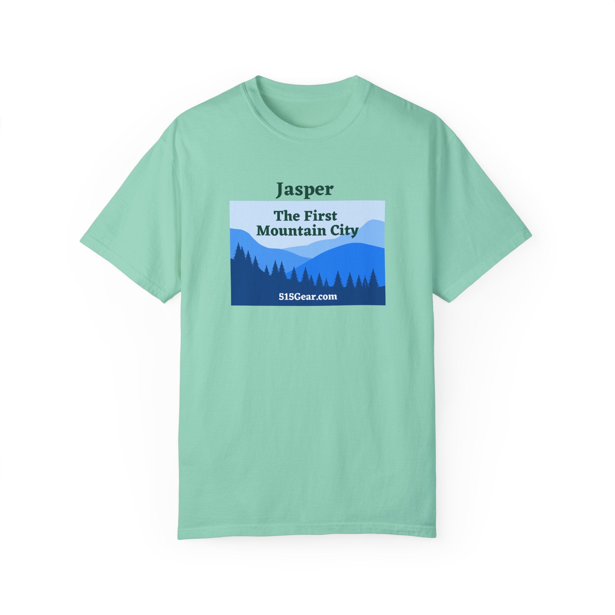 Jasper, GA First Mountain City, blue ridge mountains graphic, Unisex Garment-Dyed adult T-shirt by 515Gear.com