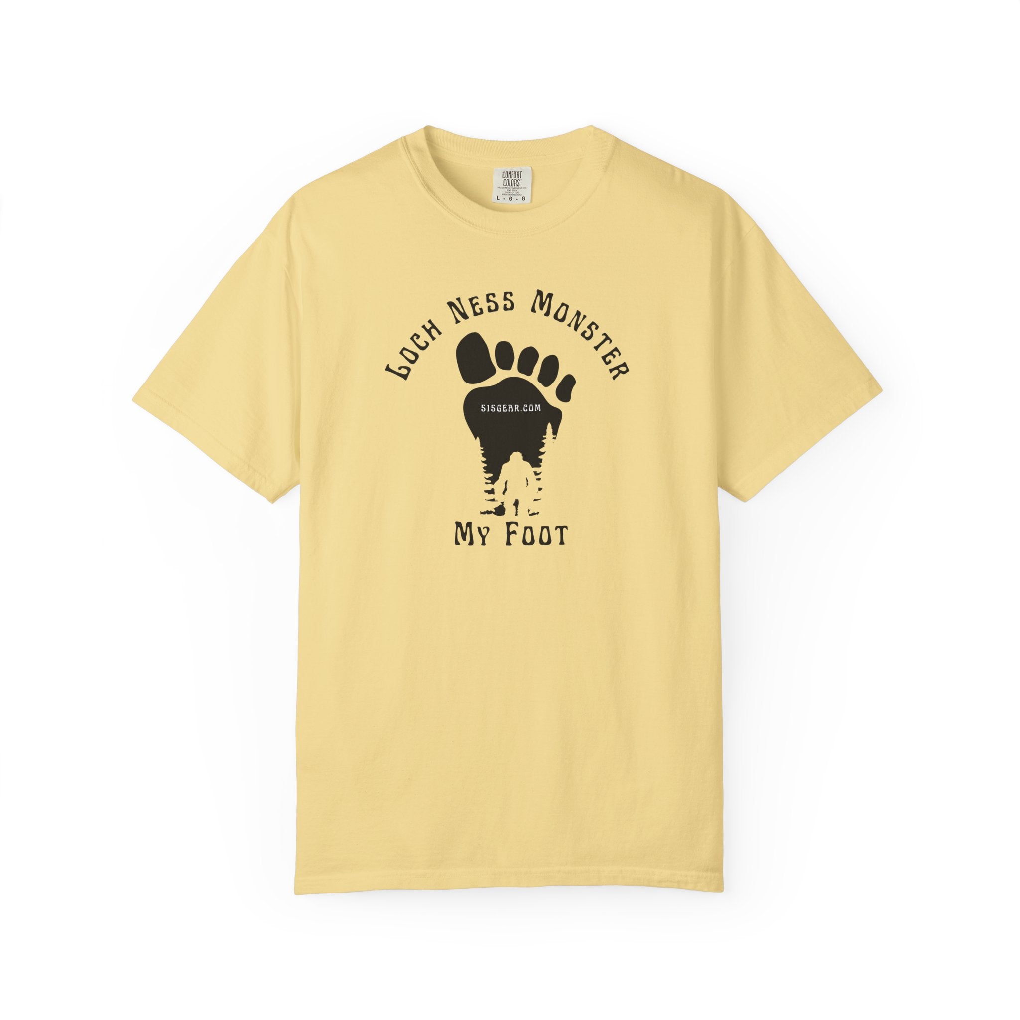 Comfort Colors yellow t-shirt with black graphic of a foot with Big Foot inside and text "Loch Ness Monster My Foot" by 515Gear.com
