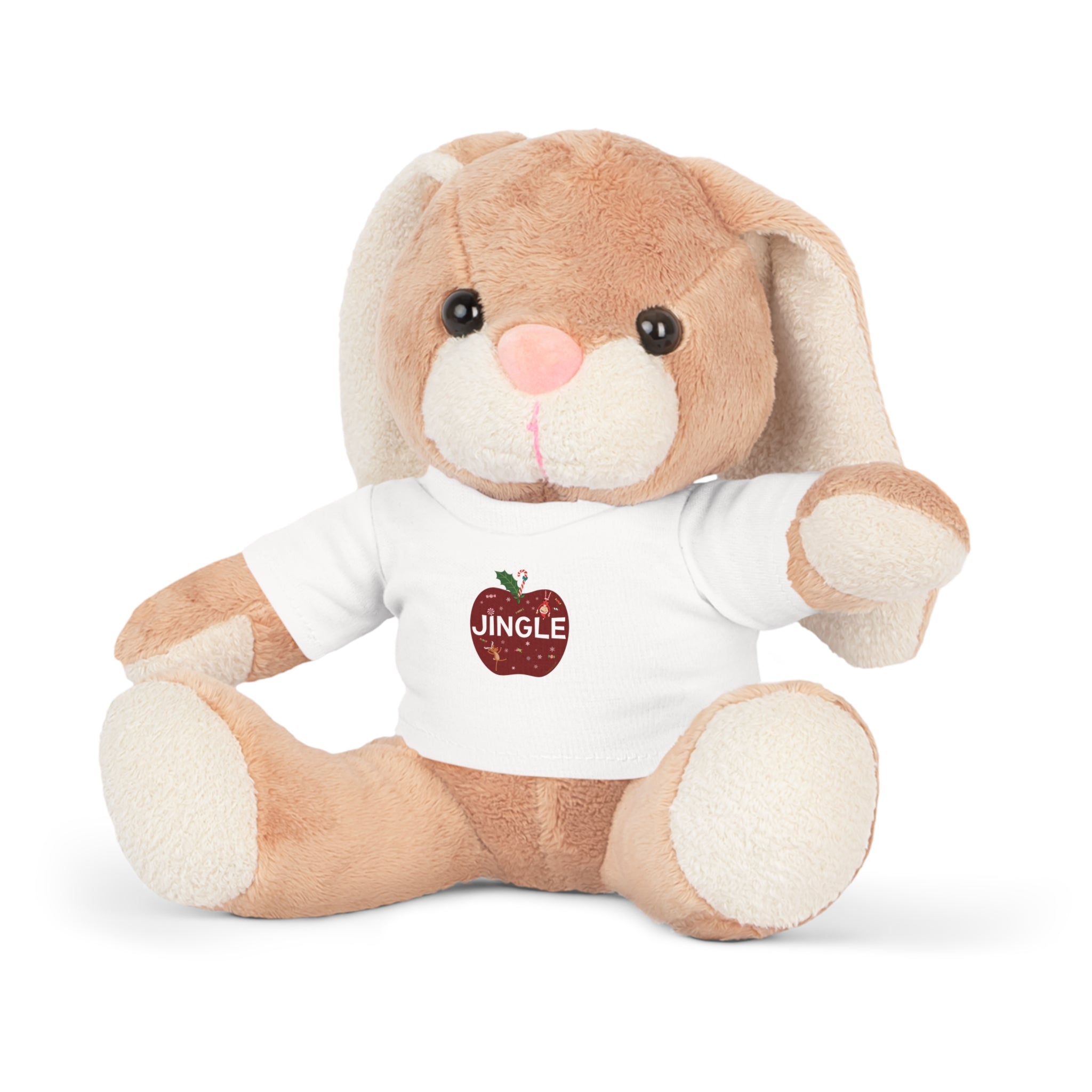 Plush bunny wearing a white shirt with 'JINGLE' and an apple graphic on a white background