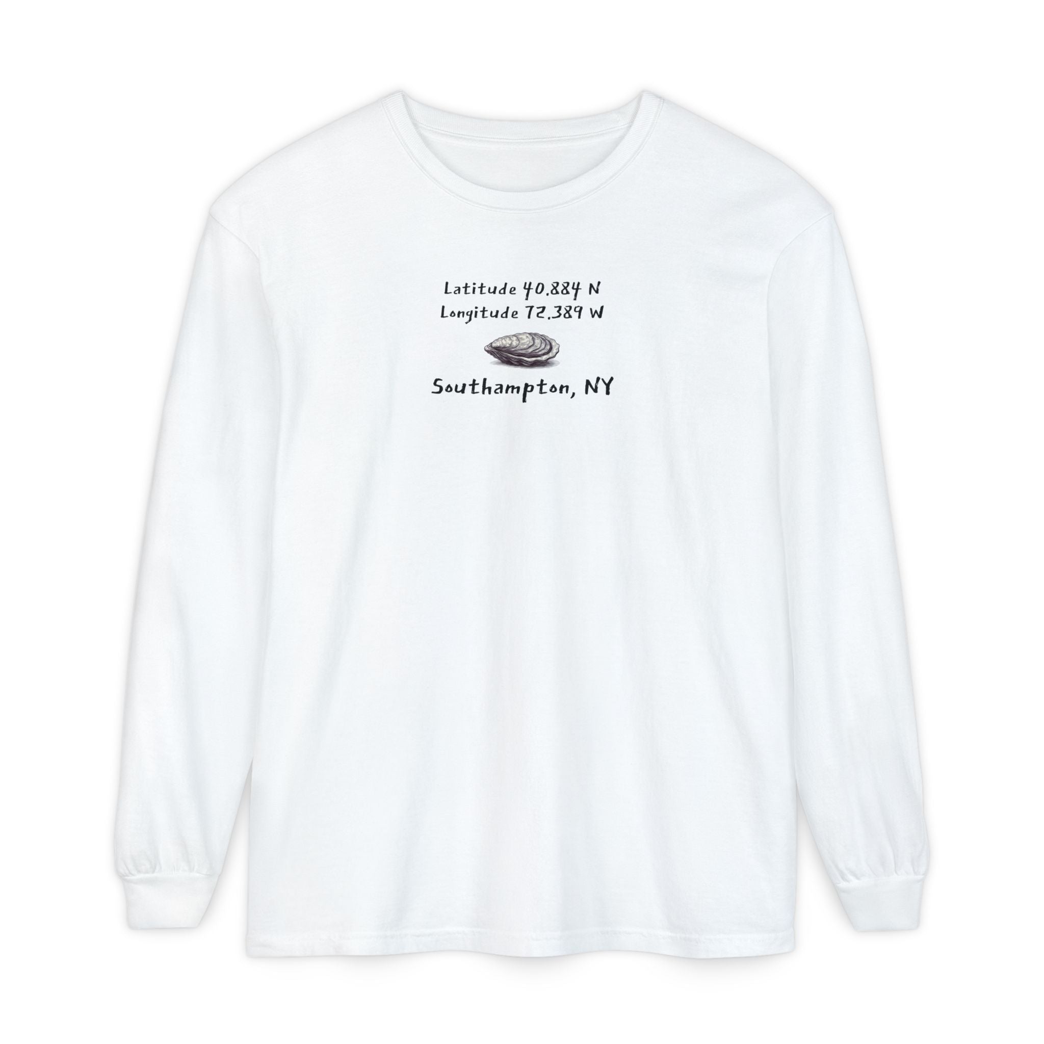 White sweatshirt with an oyster graphic and the latitude & longitude for Southampton, NY