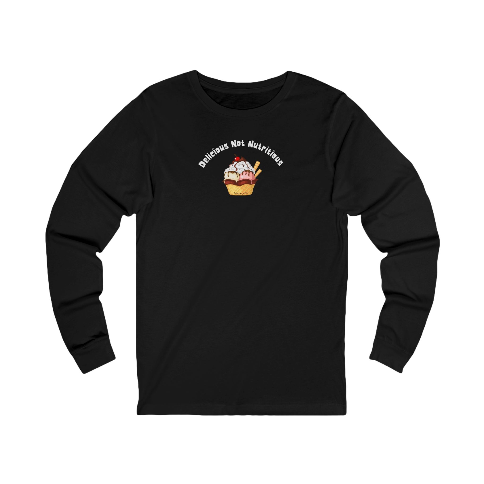 Black long-sleeve T-shirt with ice cream sundae graphic and text "delicious not nutritious" by 515gear.com