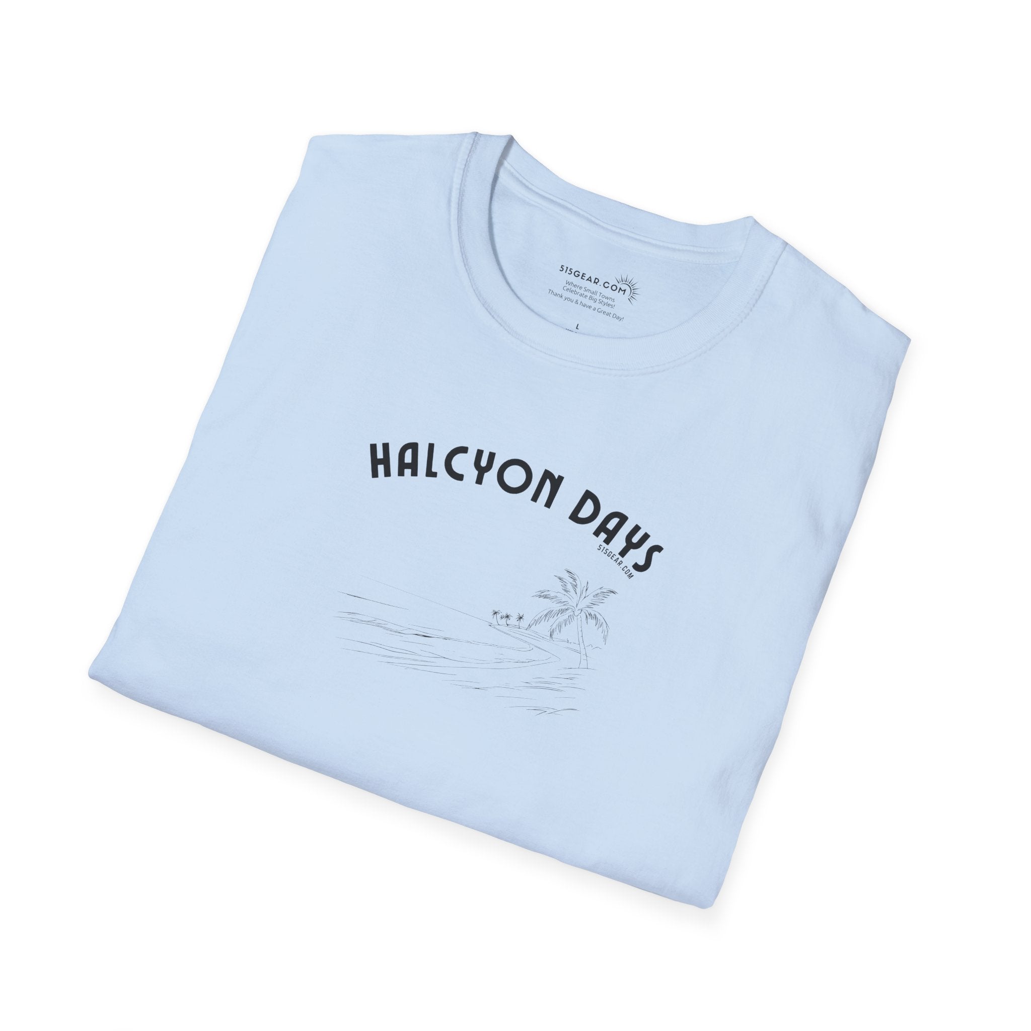 Light blue t-shirt with 'Halcyon Days' text and graphic on a white background