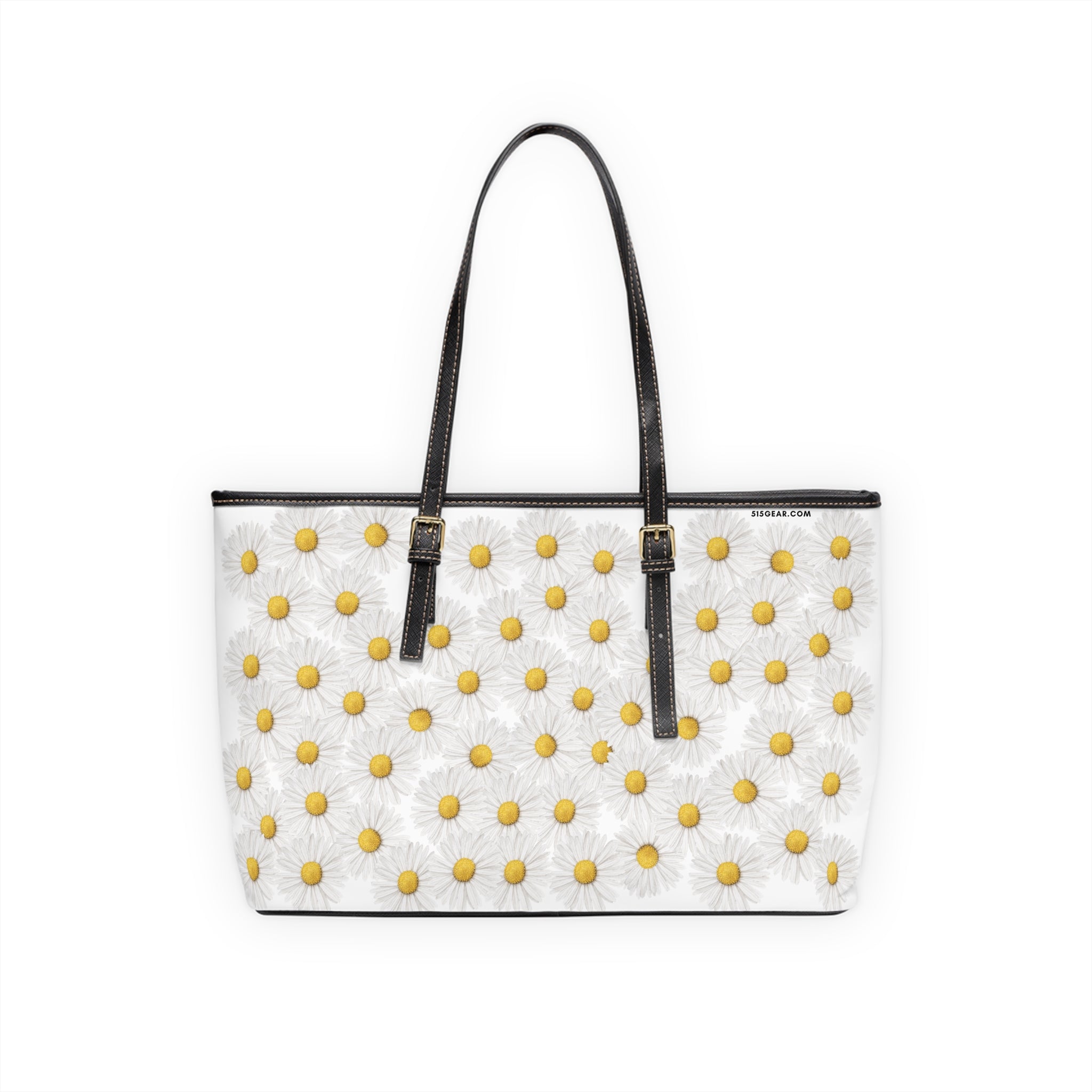 White tote bag with yellow floral daisy pattern on a white background