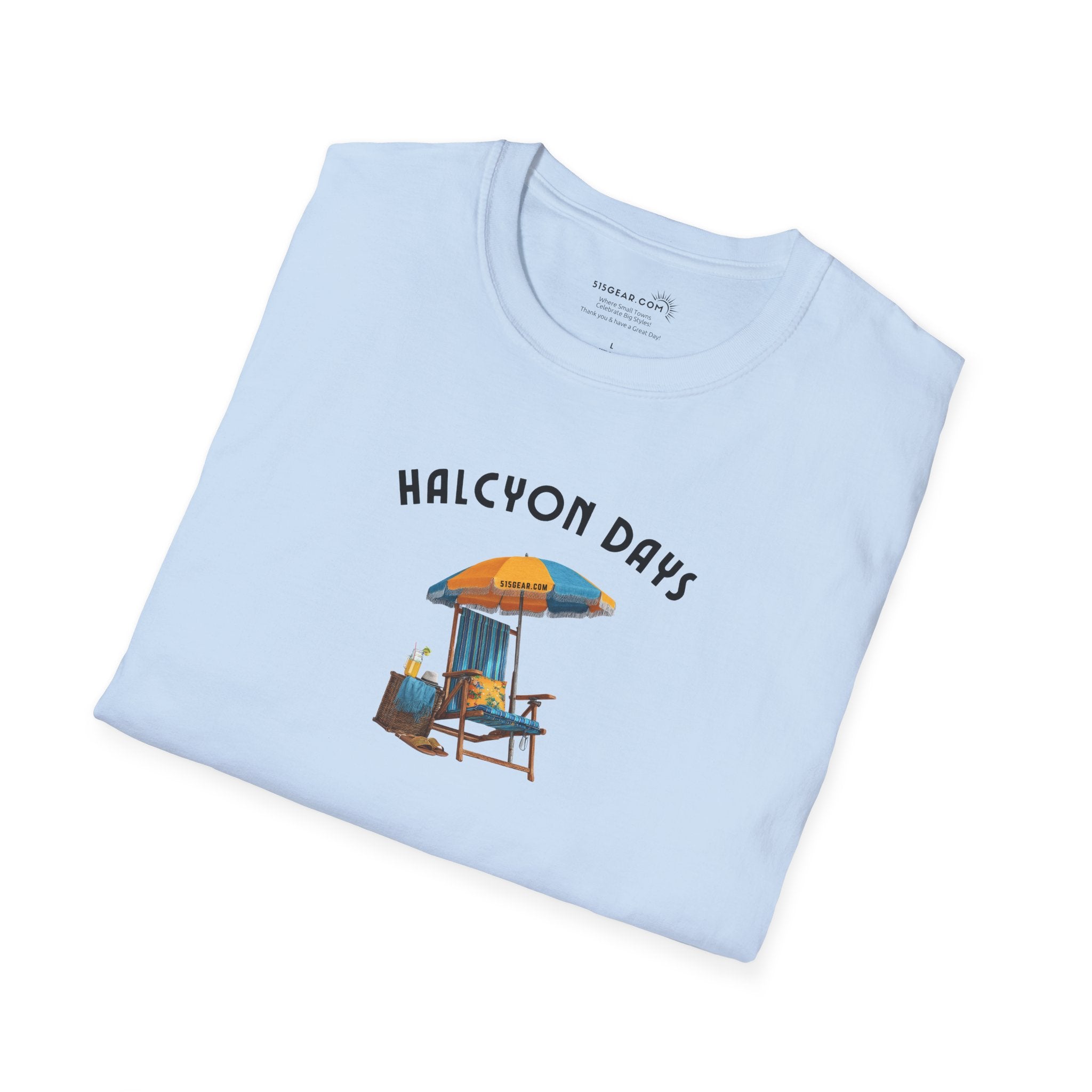 Light blue t-shirt with 'Halcyon Days' graphic design on a white background