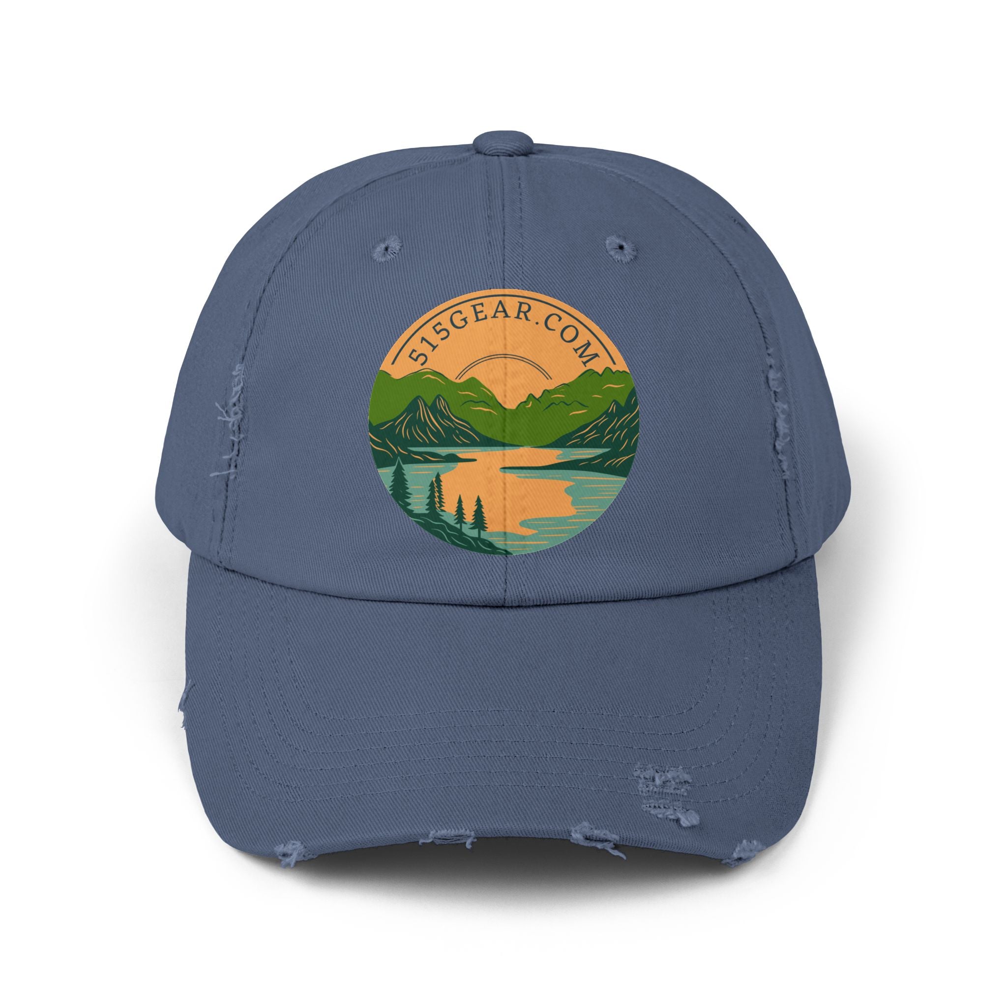 Distressed Baseball cap, 515 Gear Adventure Awaits Logo | by 515Gear.com | Come sit by the lake!