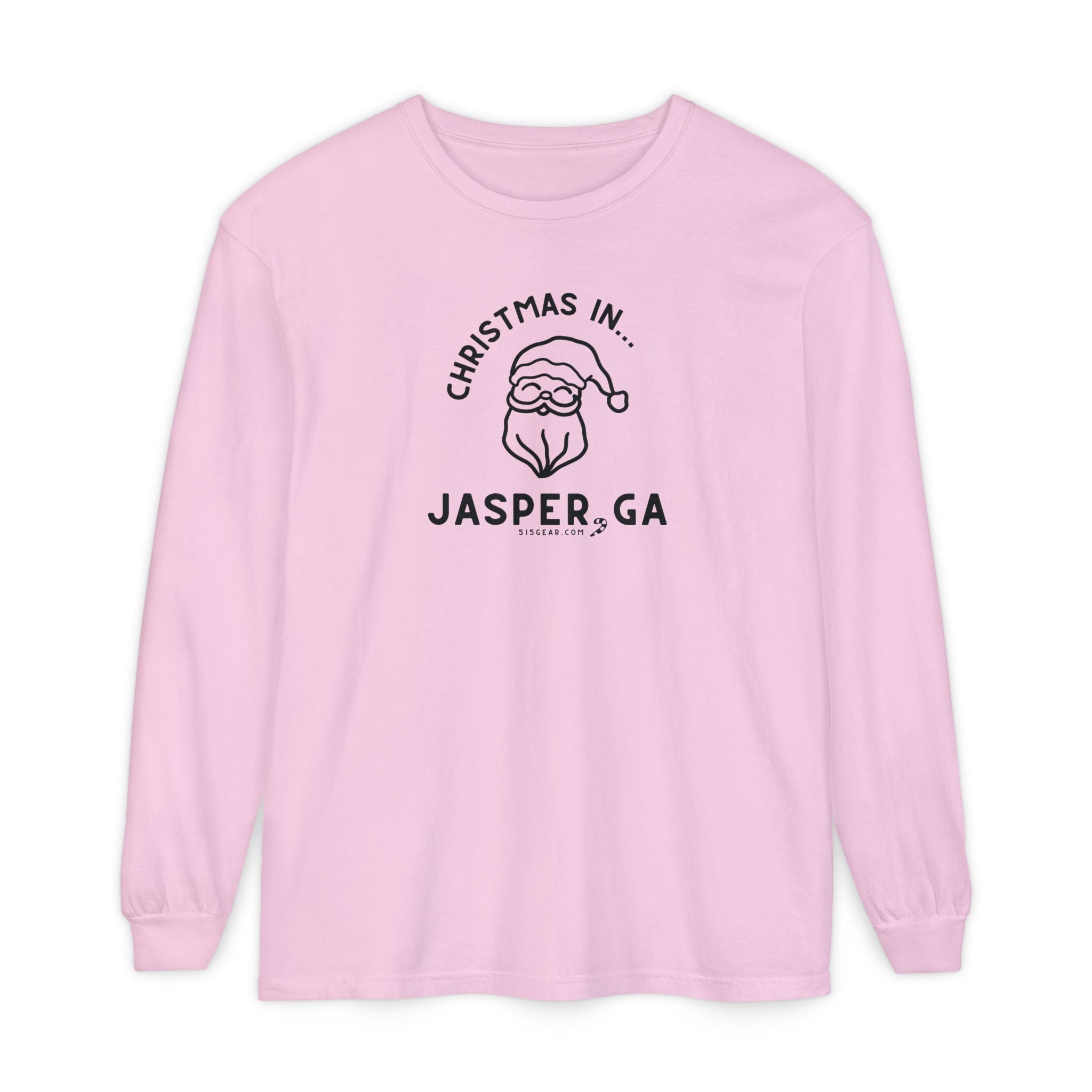 Pink Comfort Colors Long Sleeve Tee with red Santa Claus graphic and "Jasper, GA" text by 515Gear.com