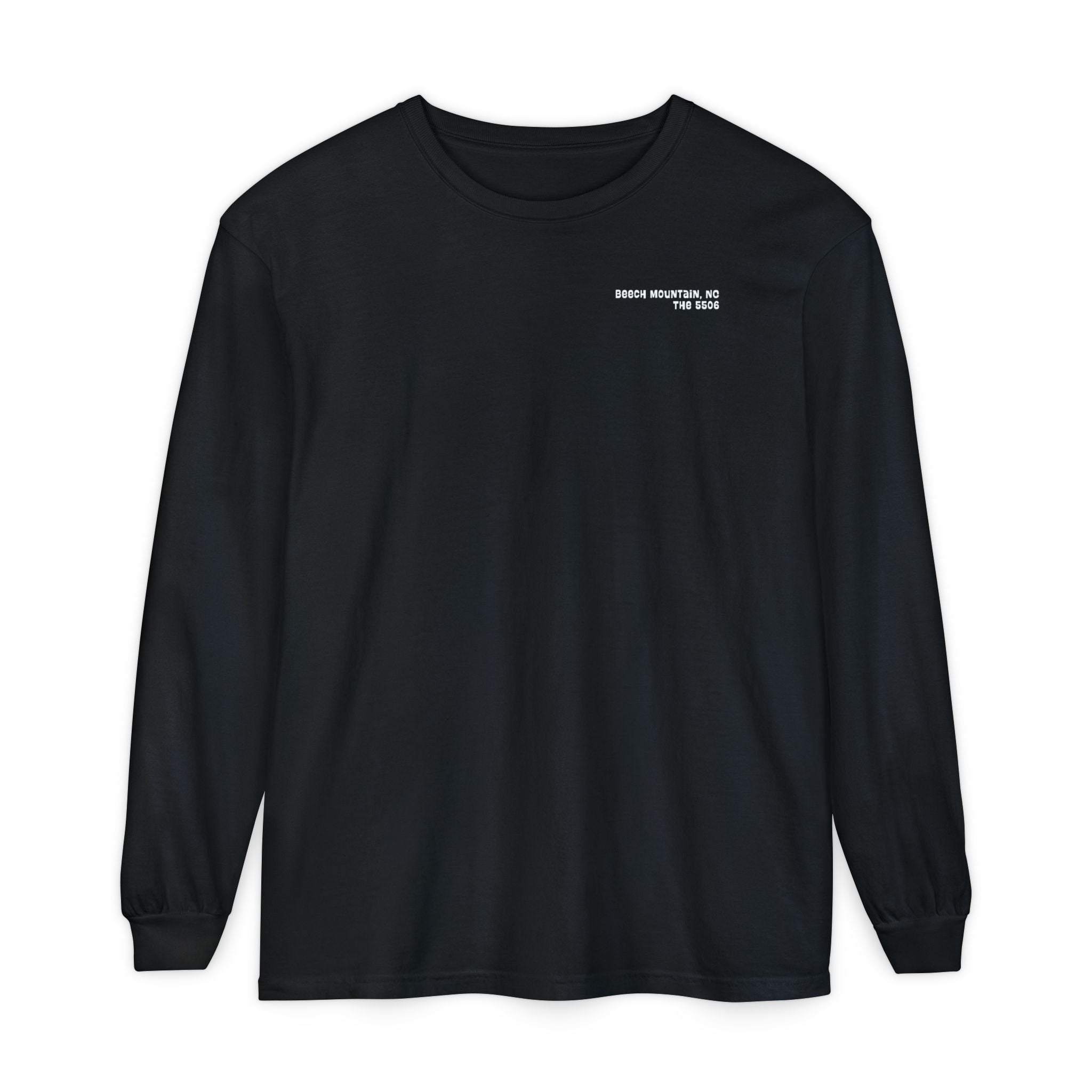 Black unisex Comfort Colors long-sleeve shirt with text Beech Mountain - The 5506 on the front