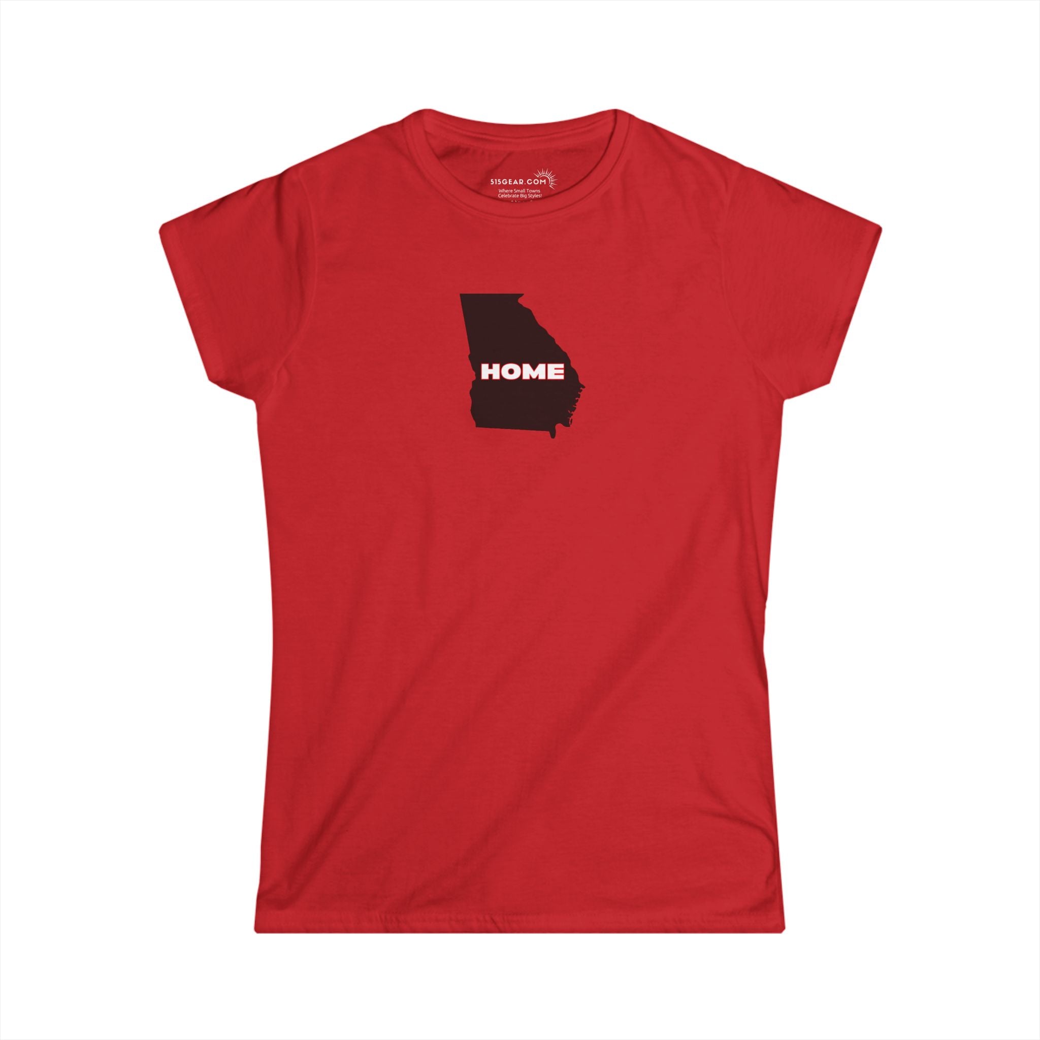 Red Women's Semi-fitted v-neck Tee, 100% cotton with State of Georgia graphic and text "Home" in Georgia Bulldog colors