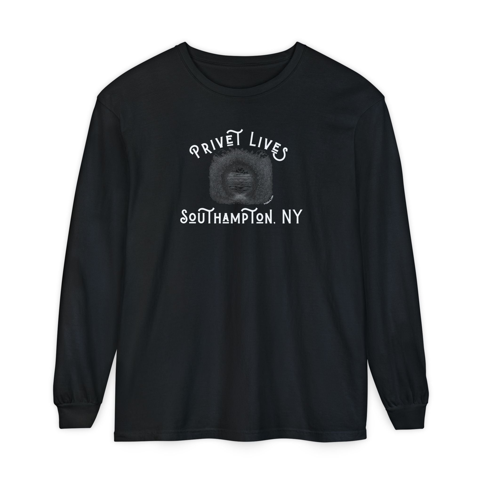 Black long-sleeve shirt with Privet and Beach Pathway graphic and text "Privet Lives - Southampton, NY"