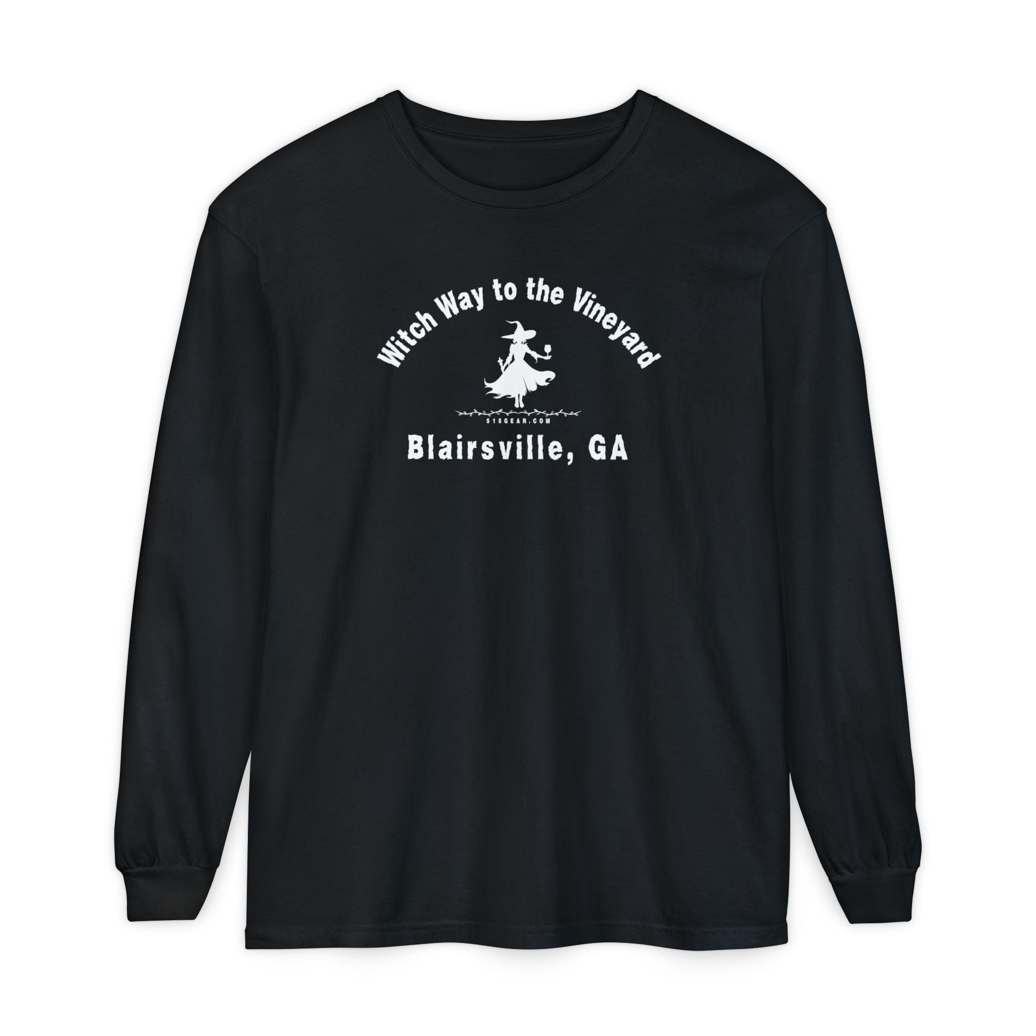 Black long sleeve t-shirt with sassy witch graphic holding a glass of wine and text "Witch Way to the Vineyard - Blairsville GA" by 515Gear.com