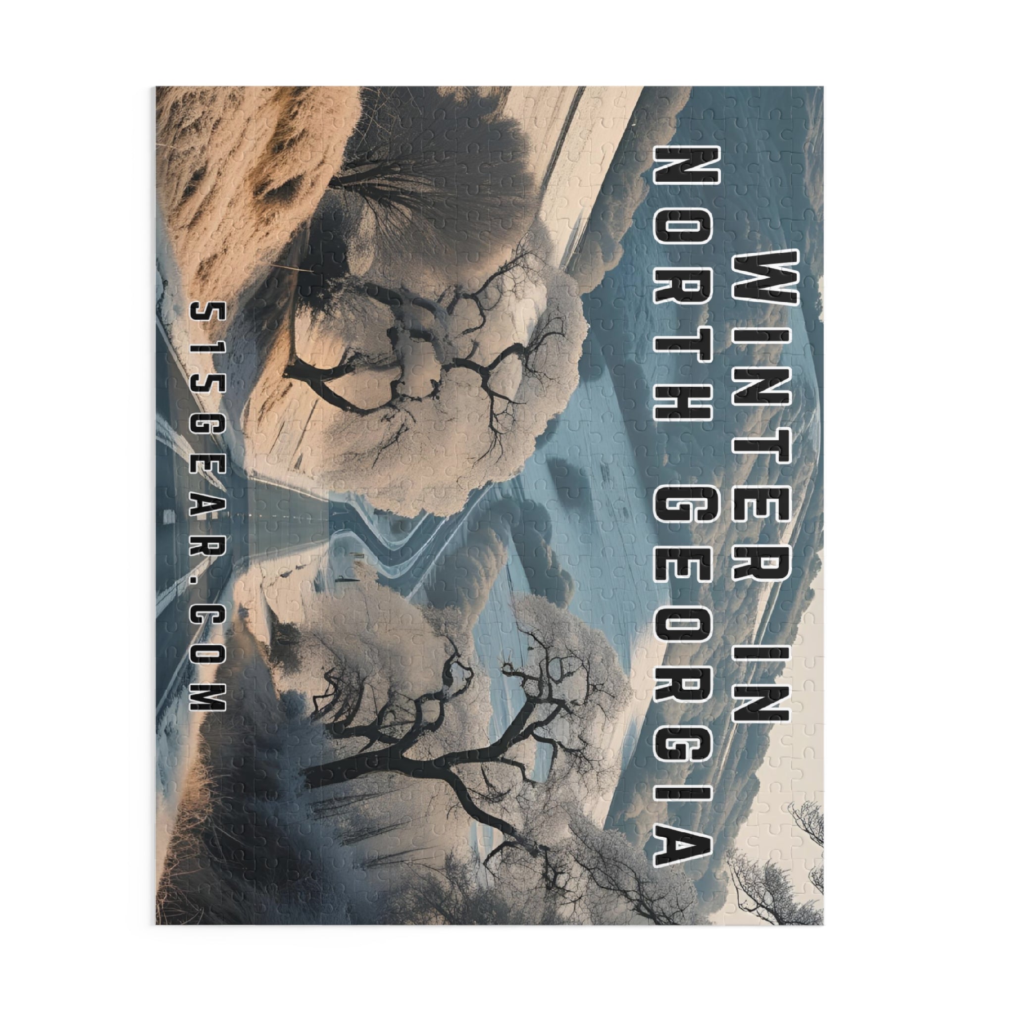 Wintery landscape puzzle with snow-covered trees and a road, text overlay 'Winter in North Georgia' and website '515GEAR.COM'.