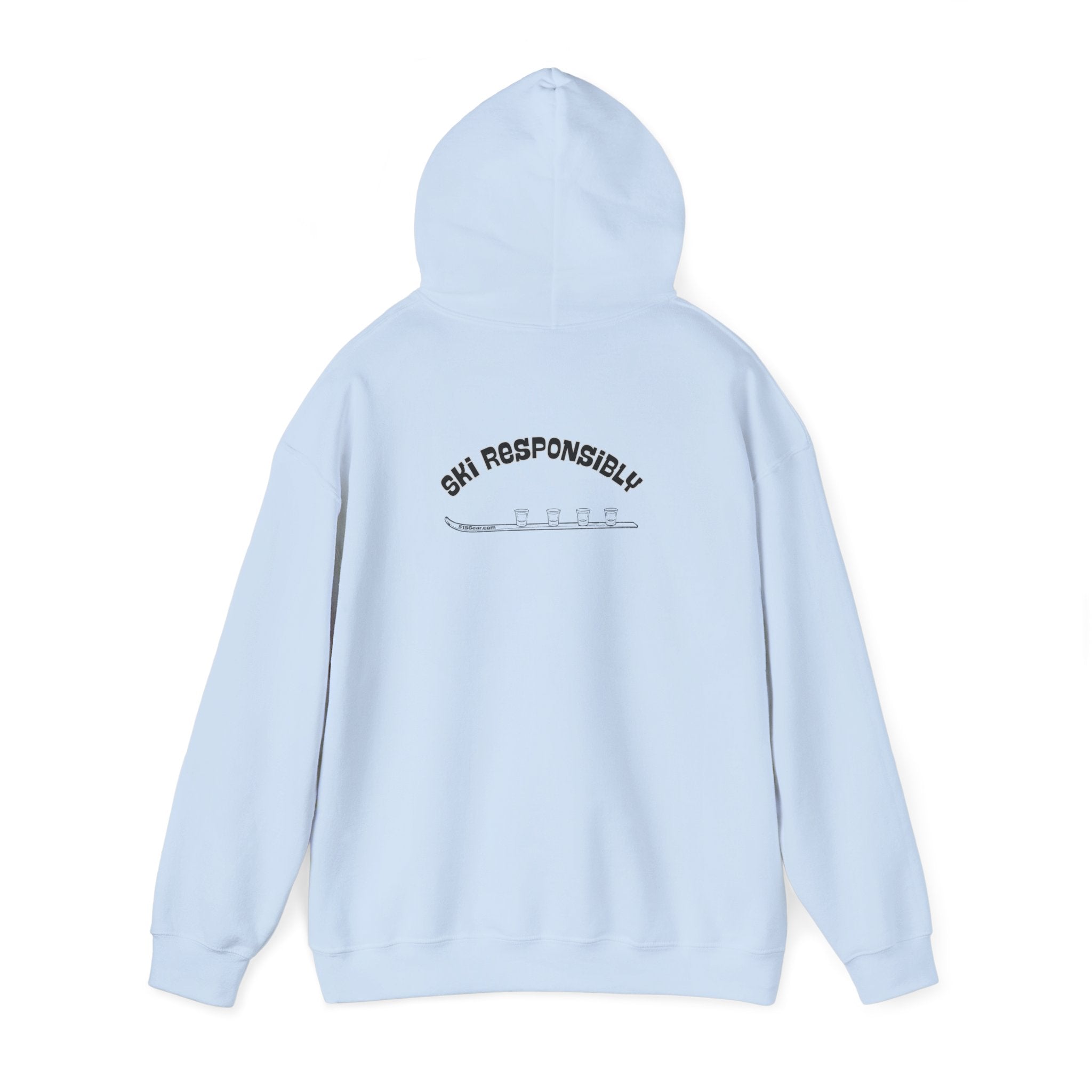 Light blue hoodie with text on the back "Ski Responsibly" and graphic of a Shotski