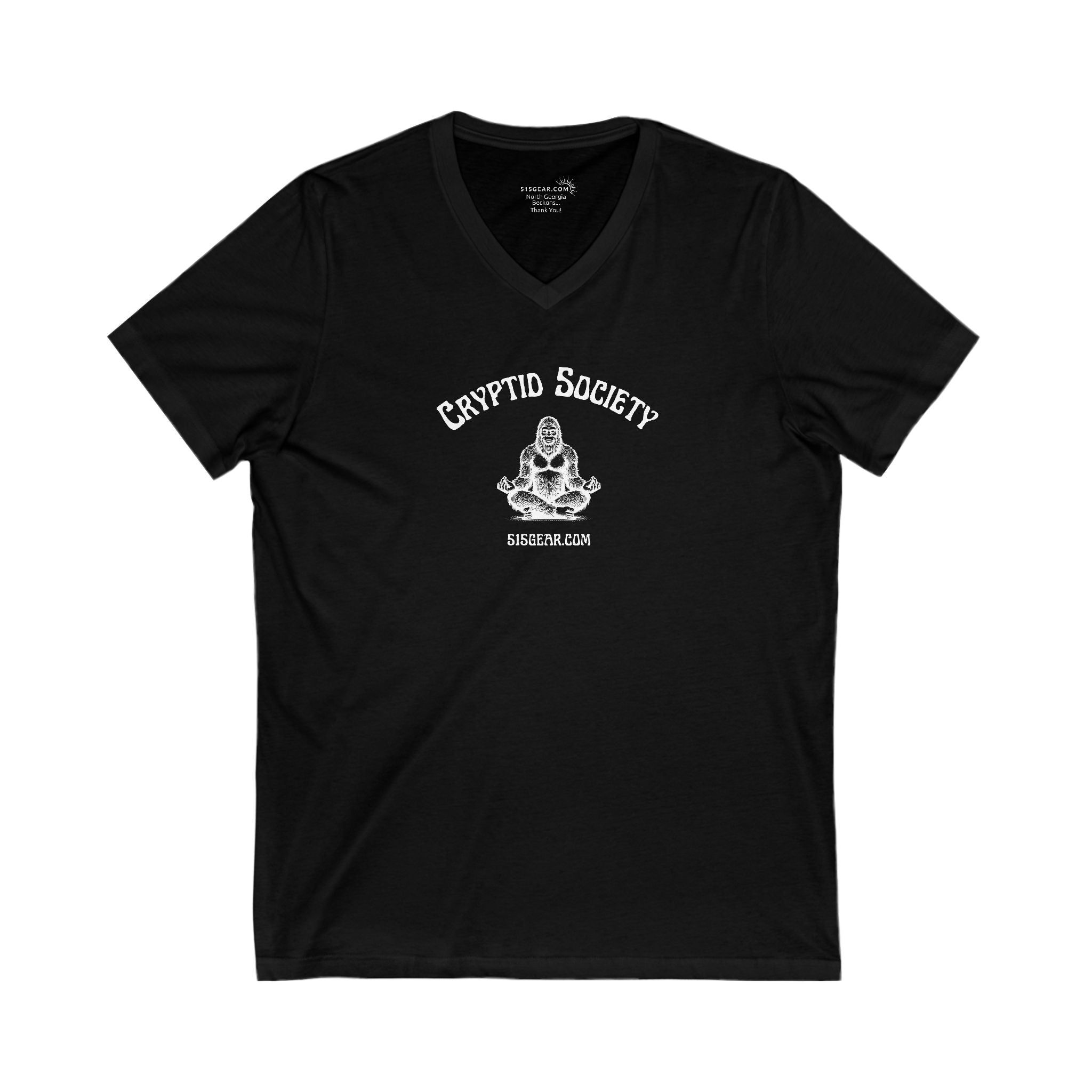 Women’s V-Neck T-shirt, Cryptid Society | by 515Gear.com | Sasquatch tranquility!