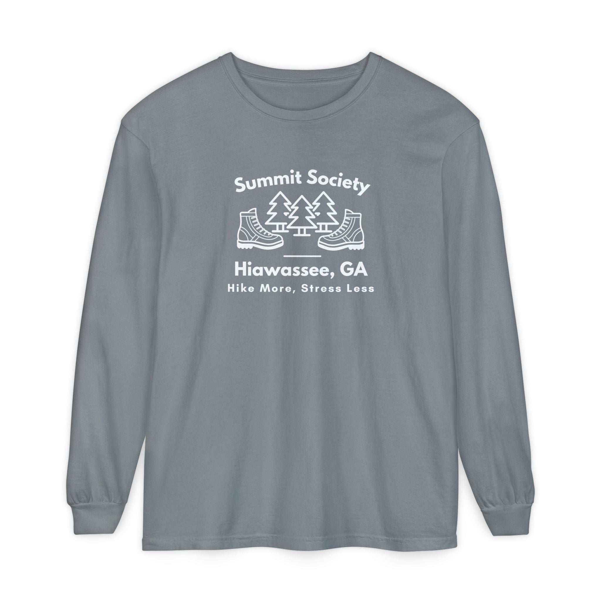 Long-sleeve t-shirt, 'Summit Society Hiawassee, GA Hike More, Stress Less' printed on the front.