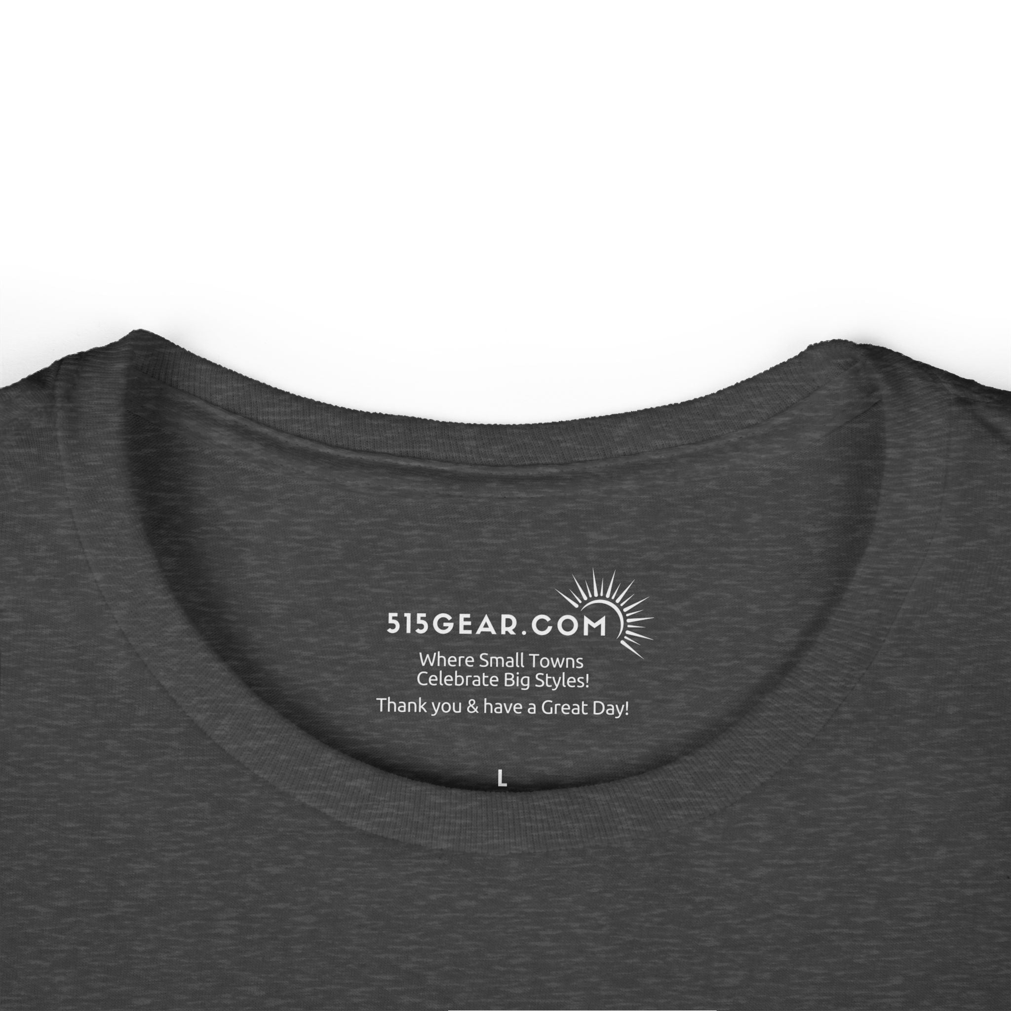 Dark gray t-shirt with '515Gear.com' logo and text on a white background