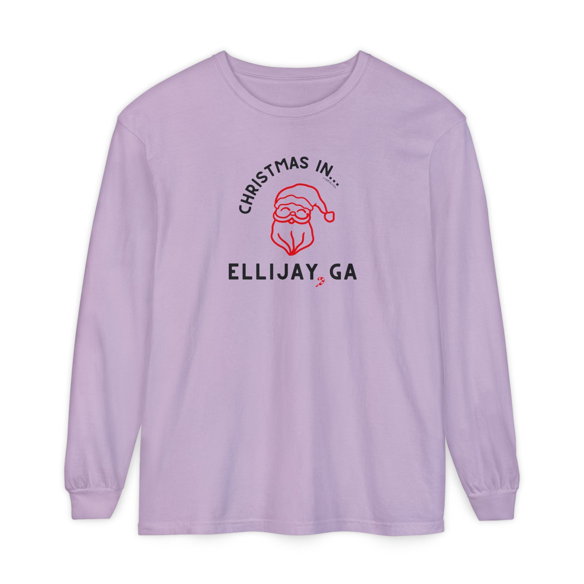 Purple comfort colors long-sleeve shirt with happy Santa graphic and text "Christmas in... Ellijay, GA"
