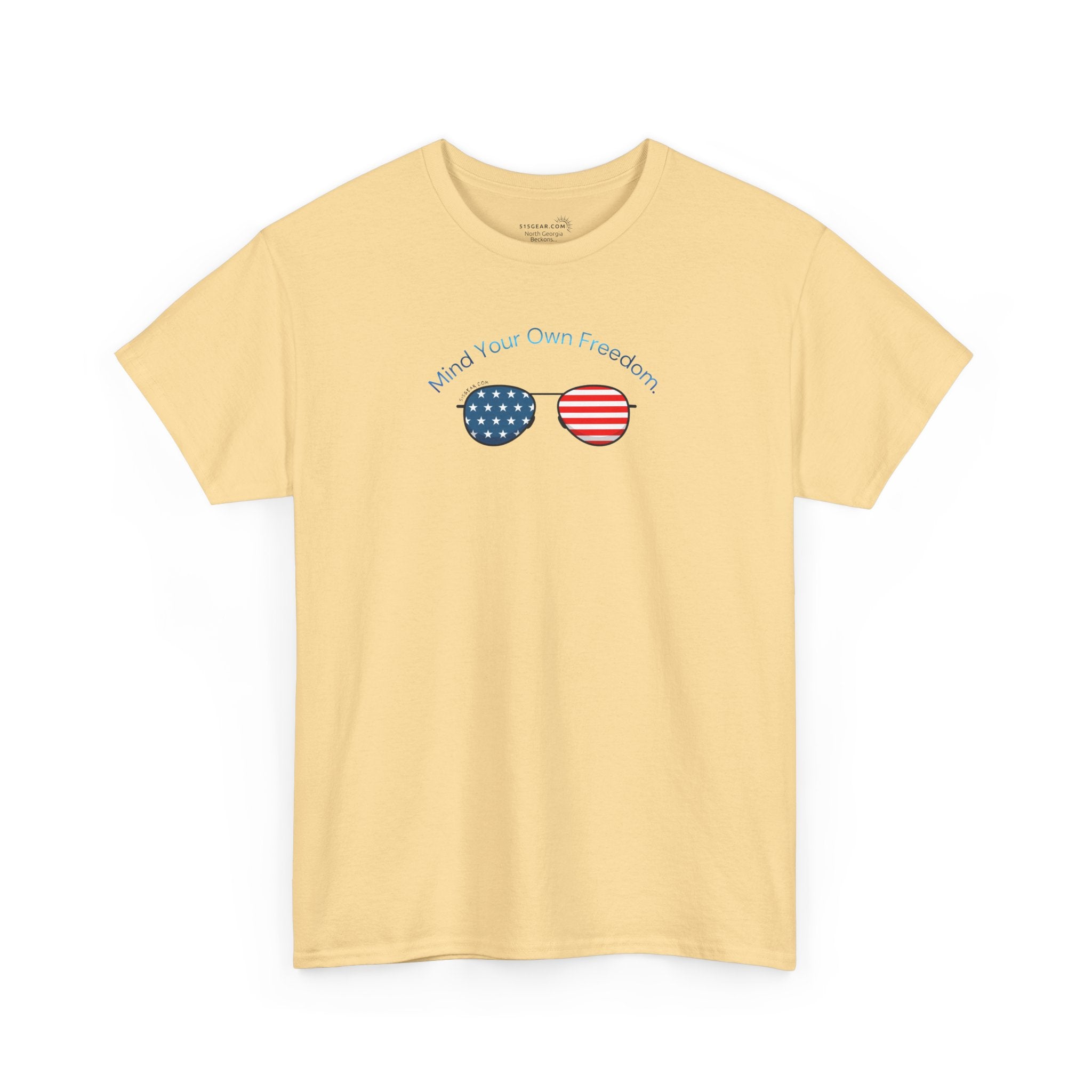 Yellow t-shirt with American Flag sunglasses and text "Mind Your Own Freedom"