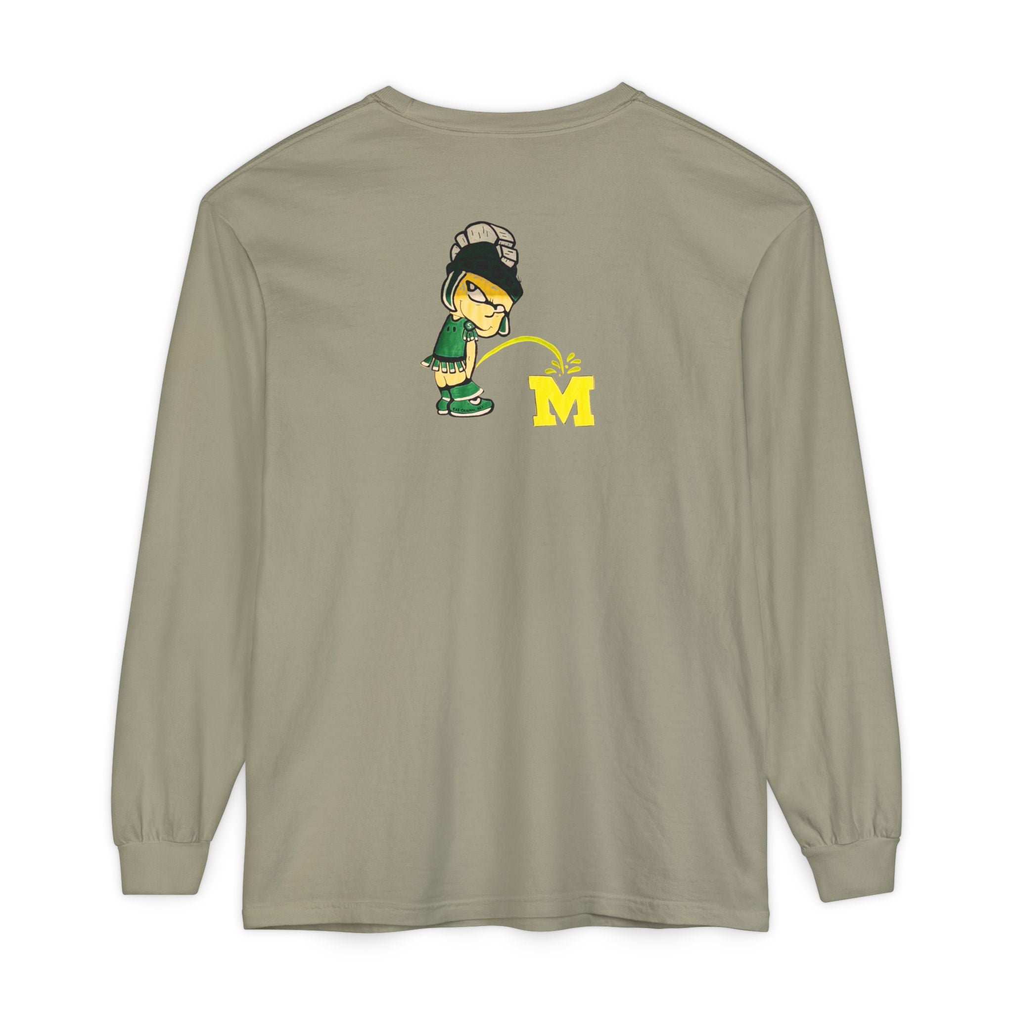 Beige long-sleeve shirt with cartoon Sparty peeing and text Always Spartan