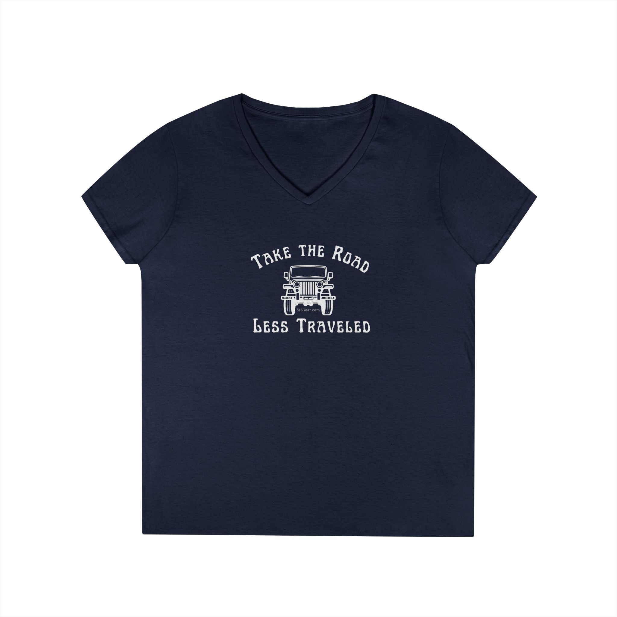 Take the Road Less Traveled, Jeep graphic, Women's V-Neck, adult T-Shirt by 515Gear.com.