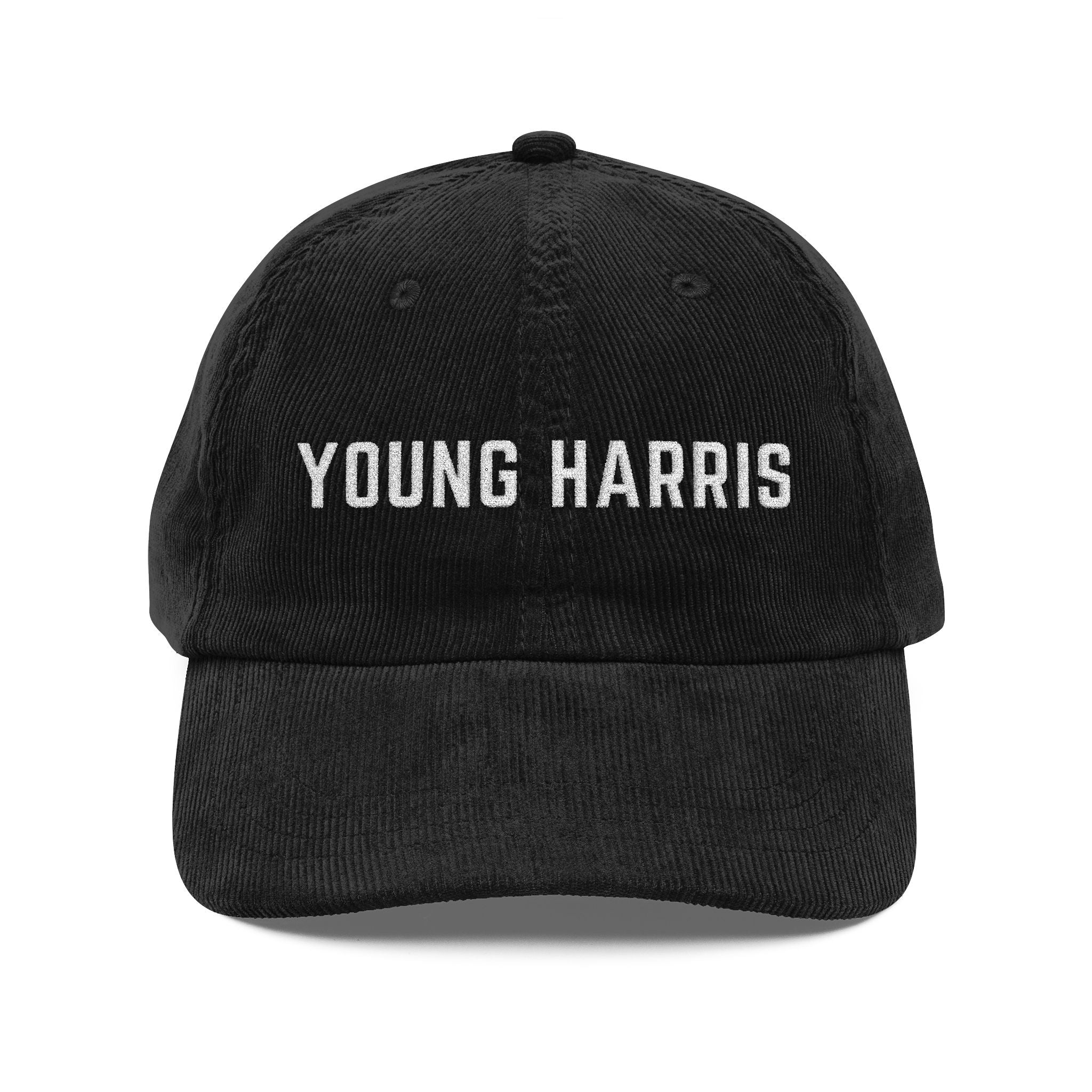 Black corduroy hat with white 'YOUNG HARRIS' text embroidered by 515Gear.com