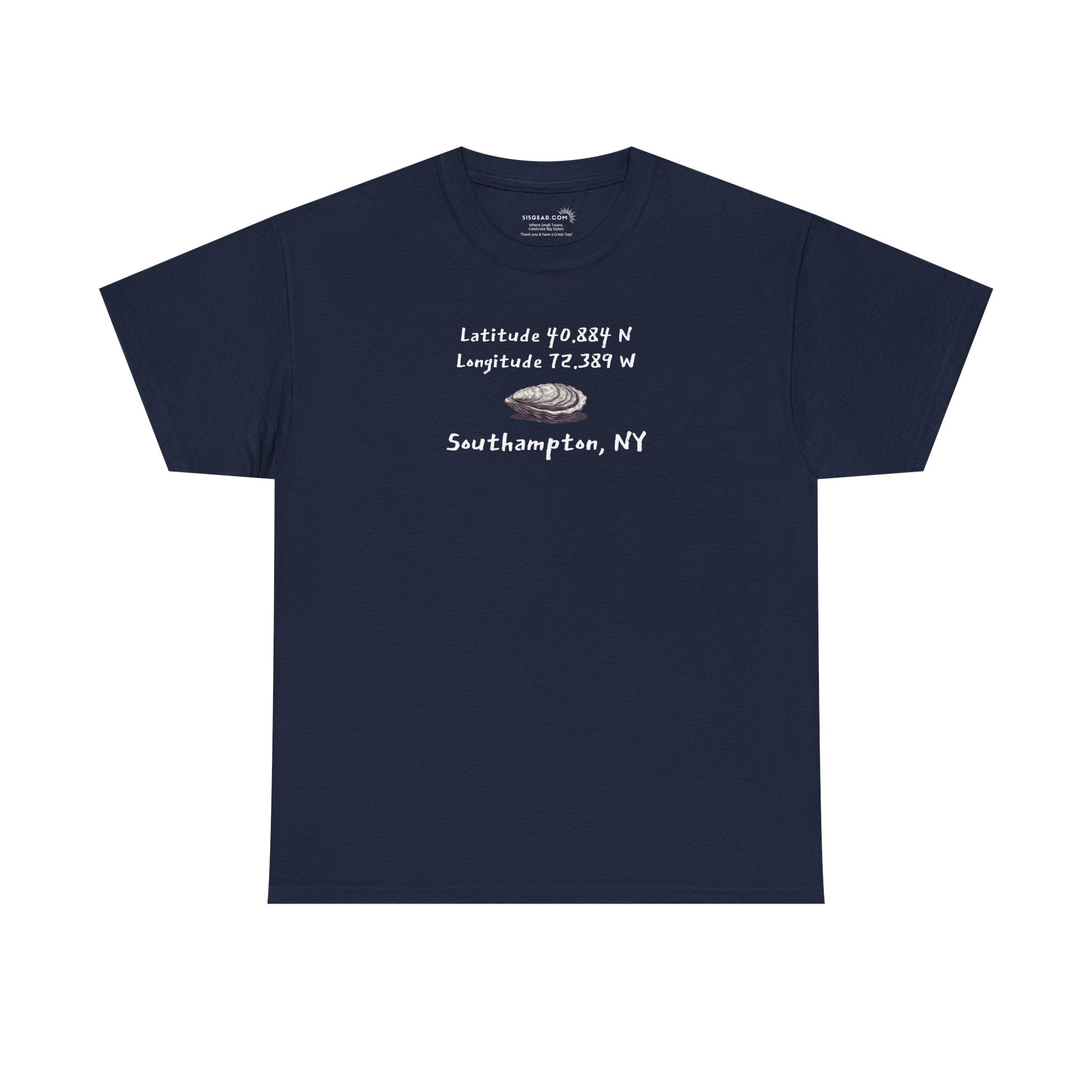 Navy blue t-shirt with oyster graphic and text "latitude and longitude - Southampton NY"