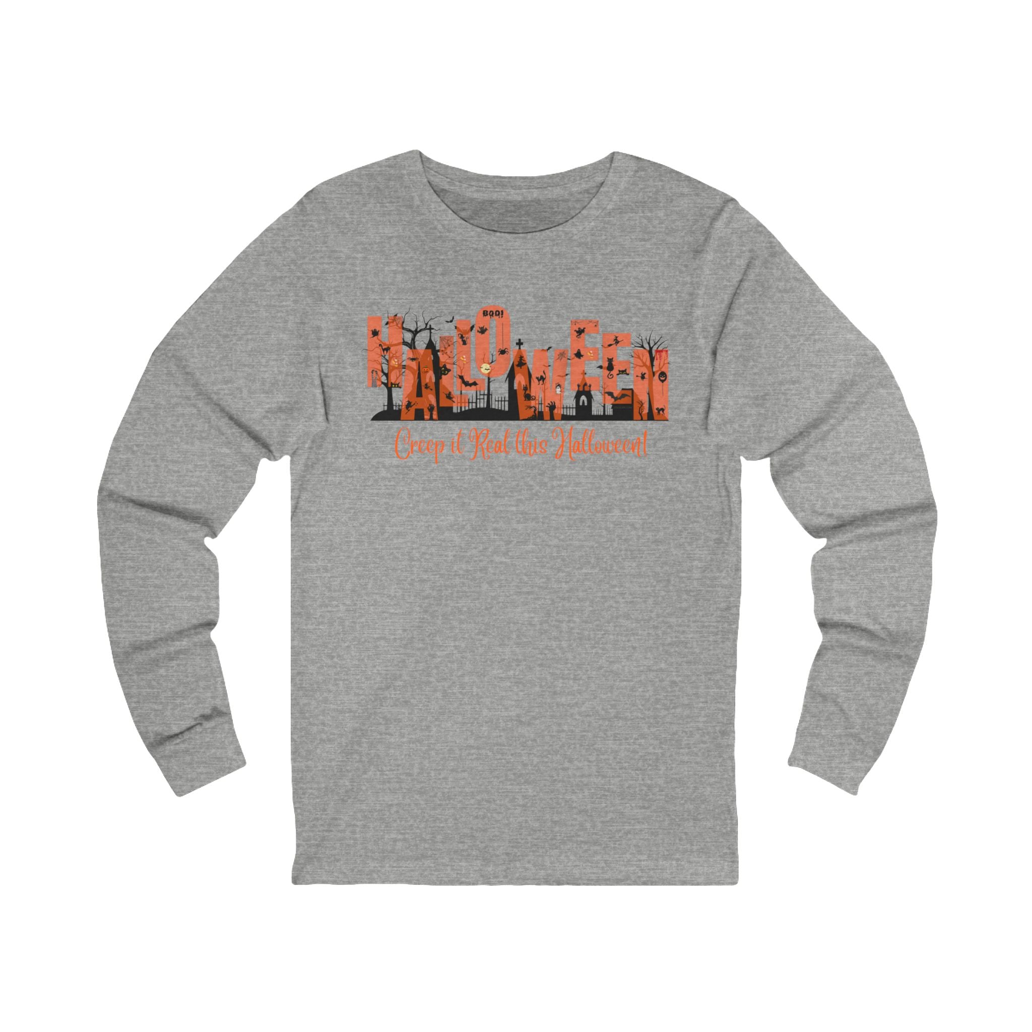 grey unisex long sleeve t-shirt with halloween graphic of a cemetery and larger text "Halloween" and small text "Creep It Real This Halloween" by 515Gear.com