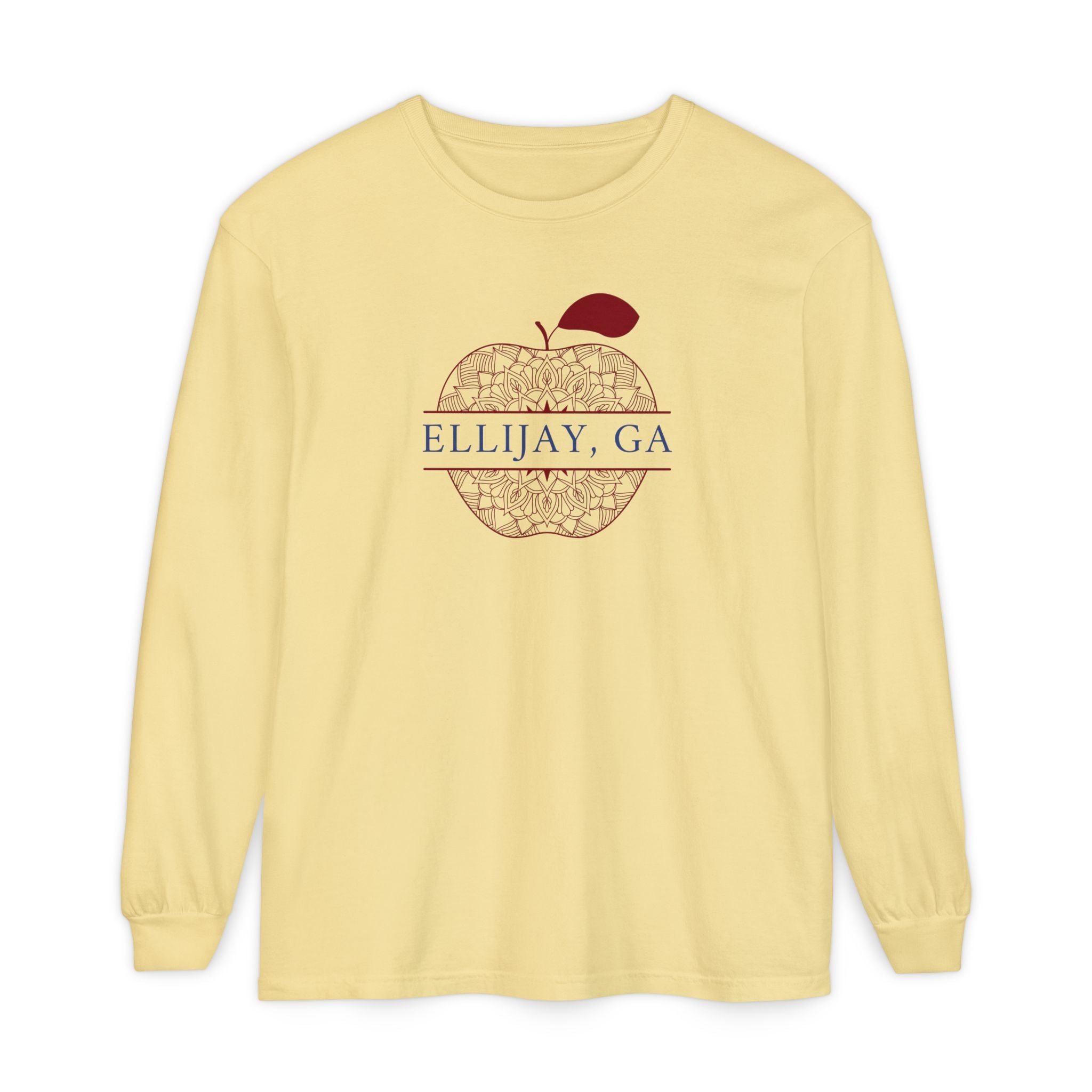 Yellow Comfort Color long sleeve t-shirt with a red apple design and 'Eliijay, GA' text