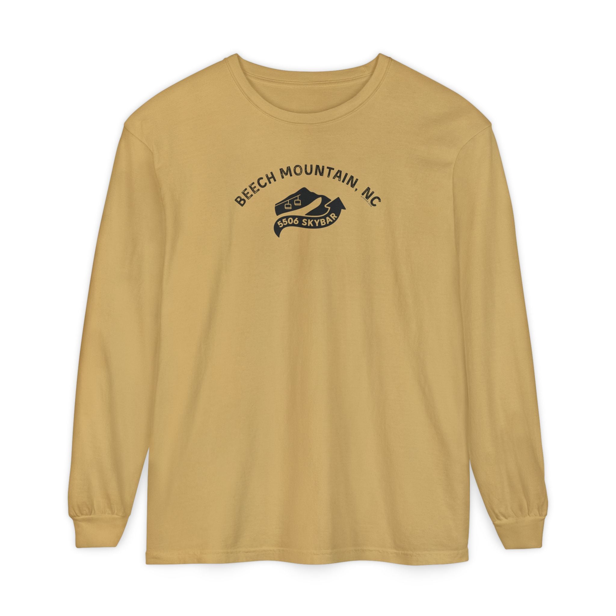 Mustard Comfort Colors long-sleeve t-shirt with 'Beech Mountain, NC - 5506 Skybar' text and mountain lift graphic