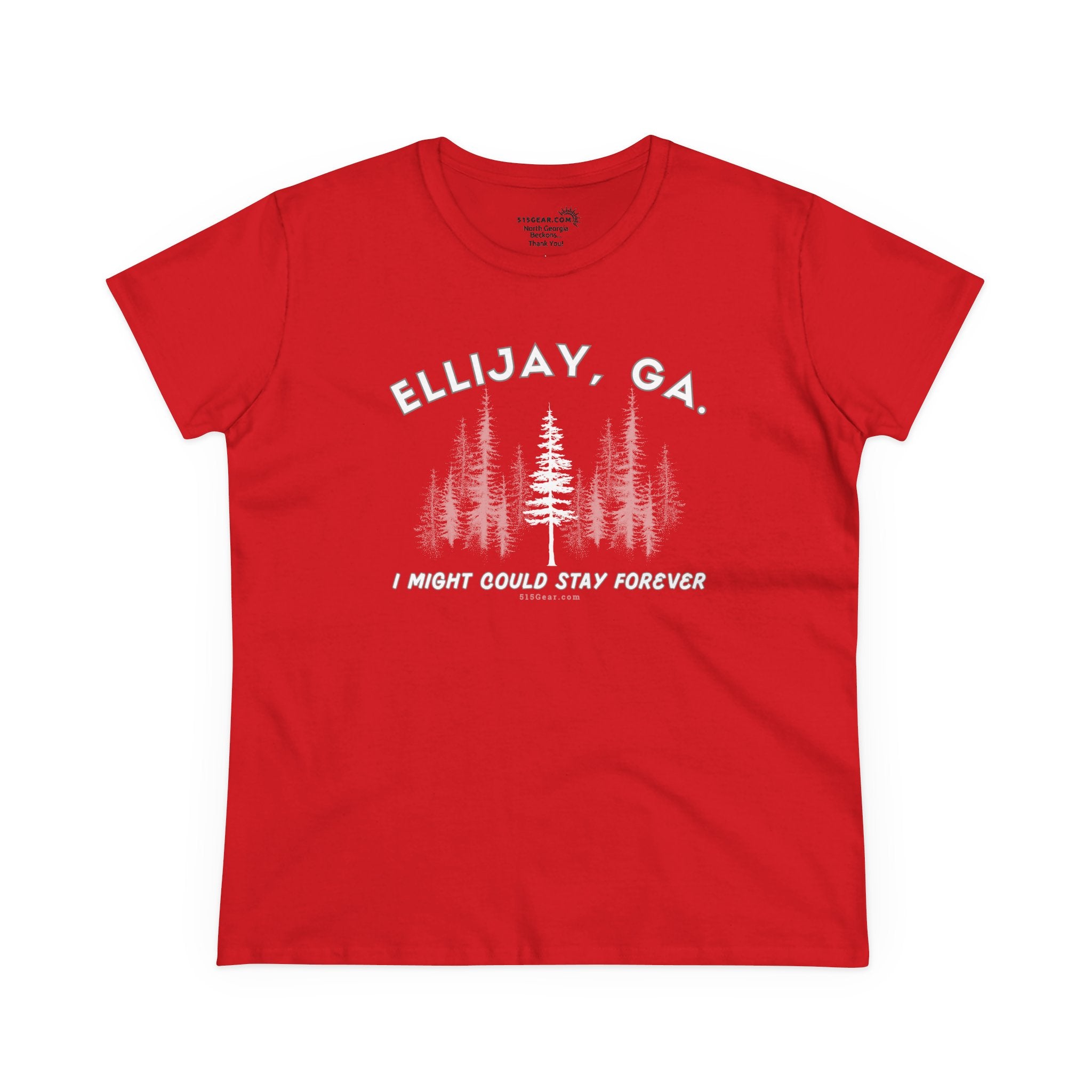 Women's semi-fitted t-shirt by 515 Gear | Ellijay, GA | 'I might could stay forever' forest graphic