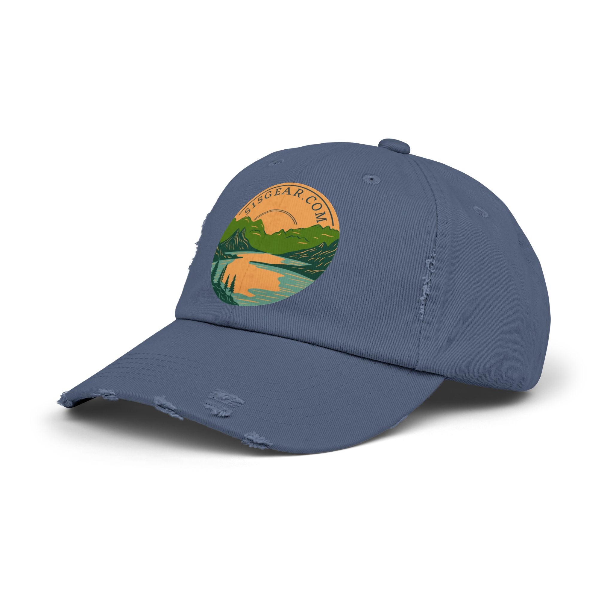Distressed Baseball cap, 515 Gear Adventure Awaits Logo | by 515Gear.com | Come sit by the lake!