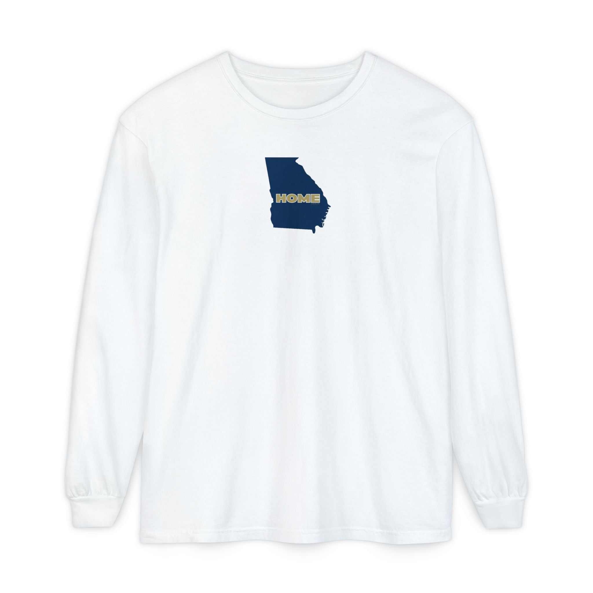 White Comfort Colors unisex Georgia pride long-sleeve tee in school colors; State of Georgia graphic with text 'HOME'