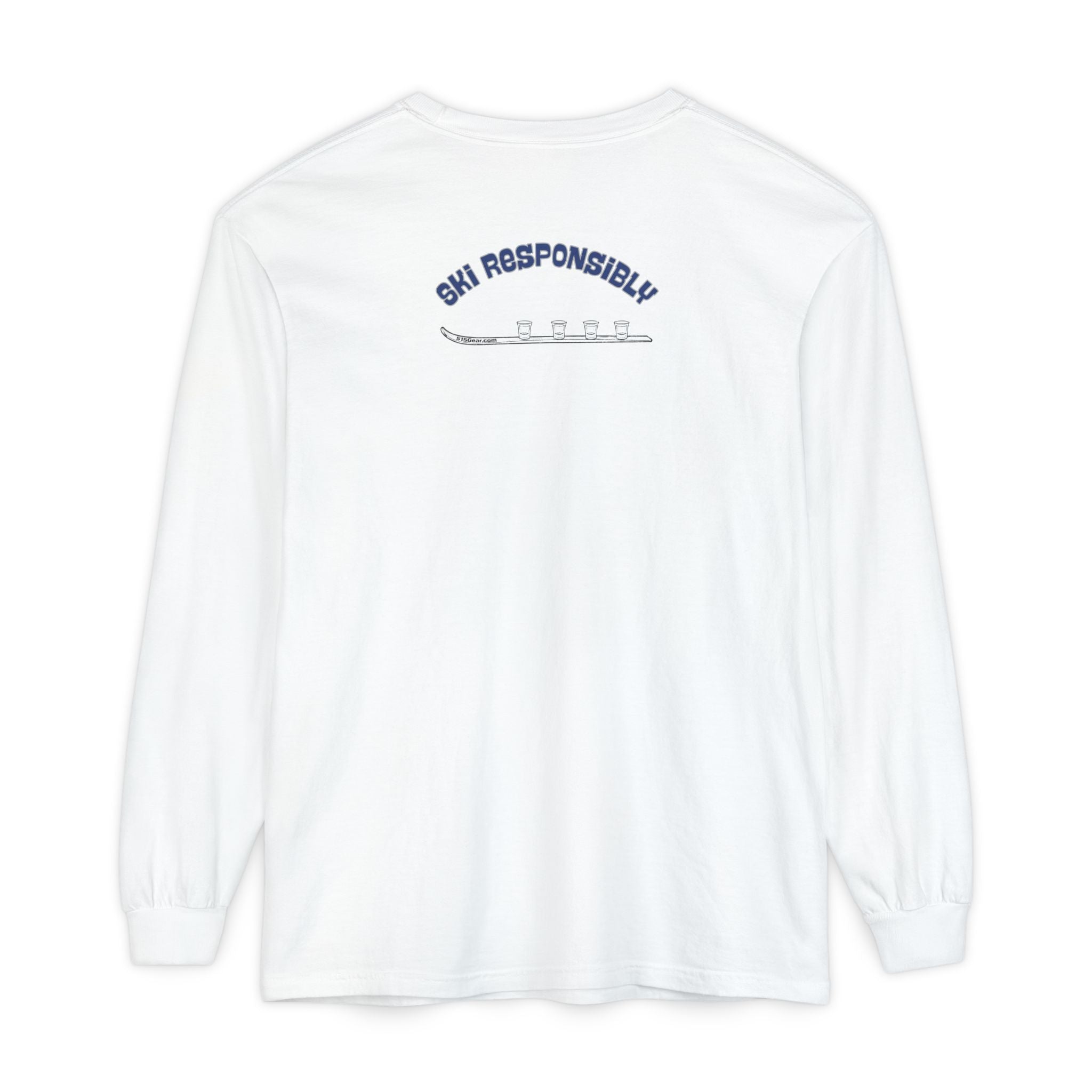 White long-sleeve shirt with 'Ski Responsibly' text and shotski graphic