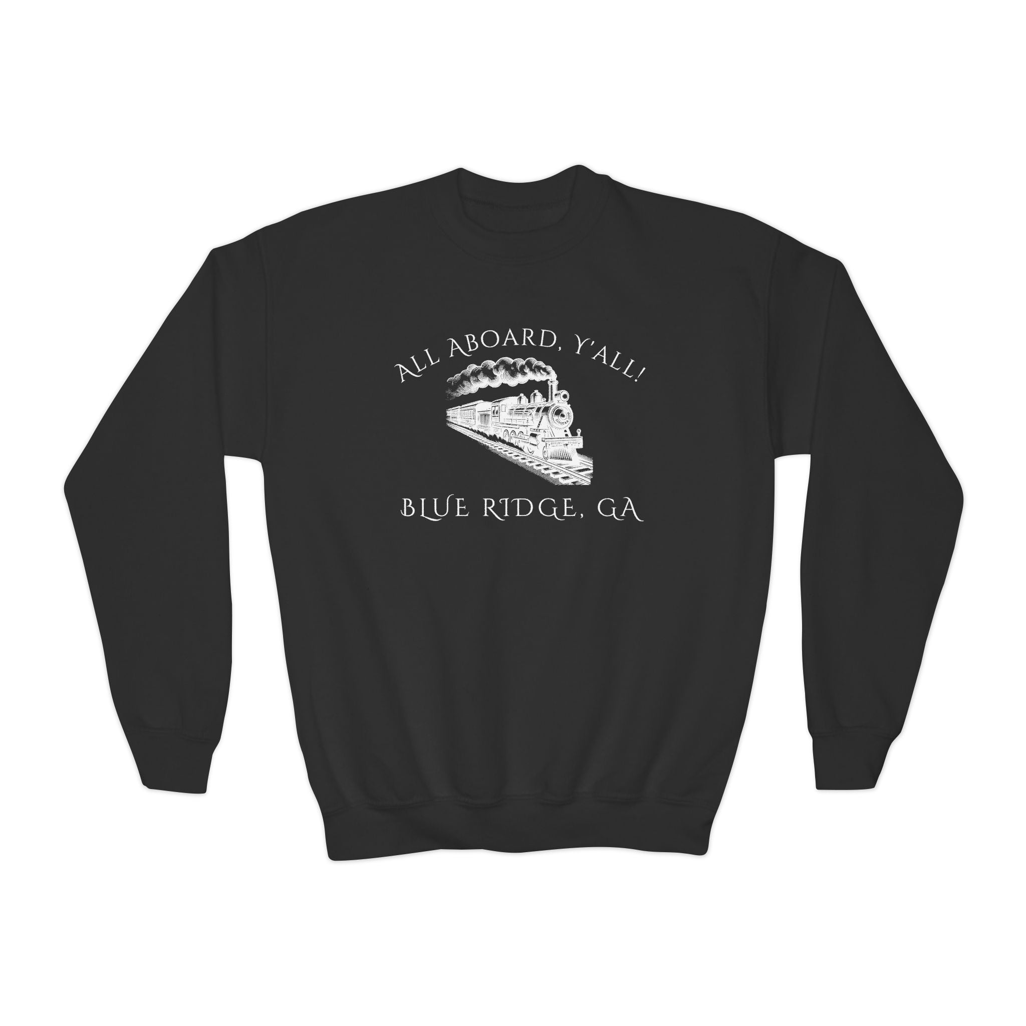 Black kids sweatshirt with train graphic and text "All Aboard, Y'all - Blue Ridge, GA" by 515Gear.com