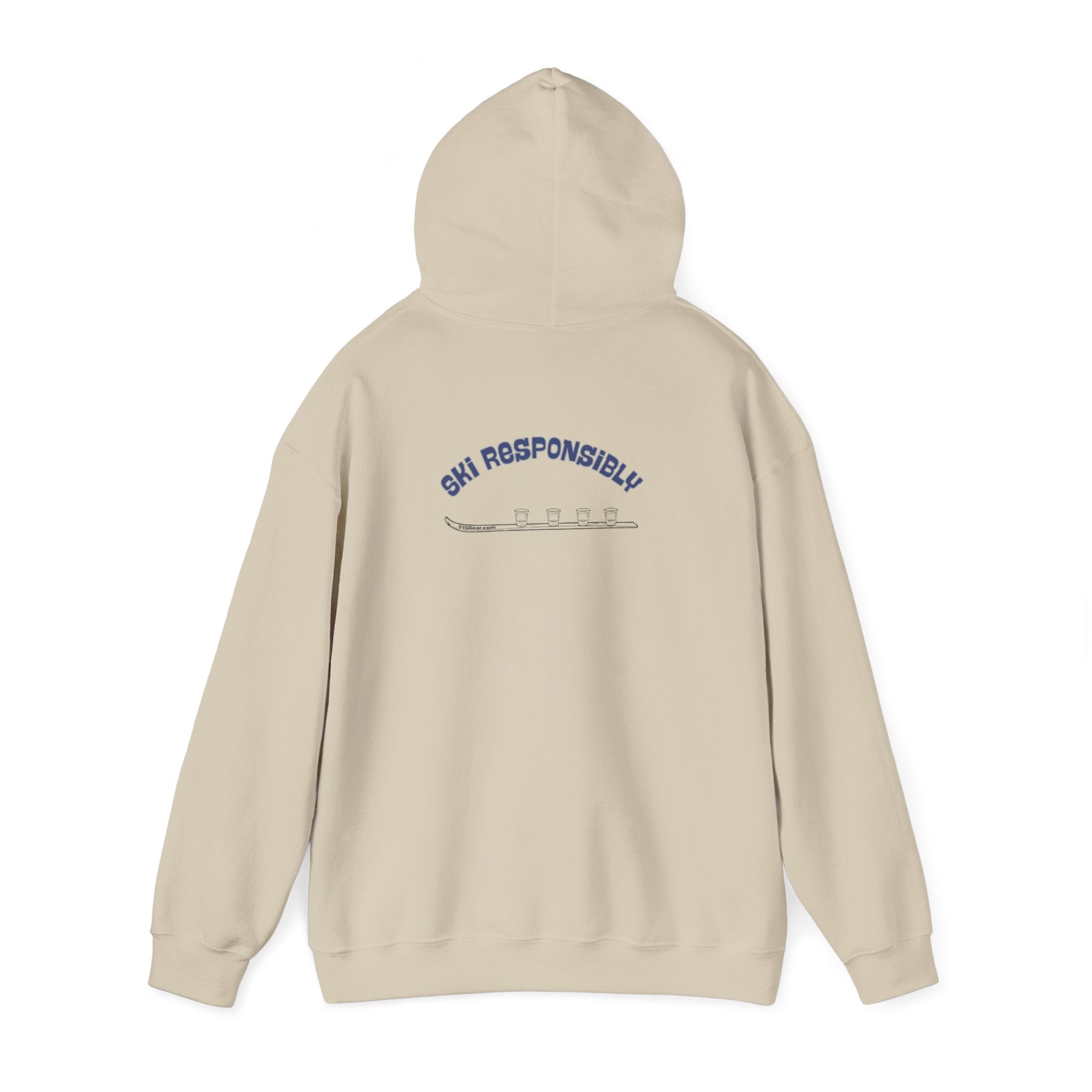 Beige hoodie text on the back "Ski Responsibly" and graphic of a Shotski