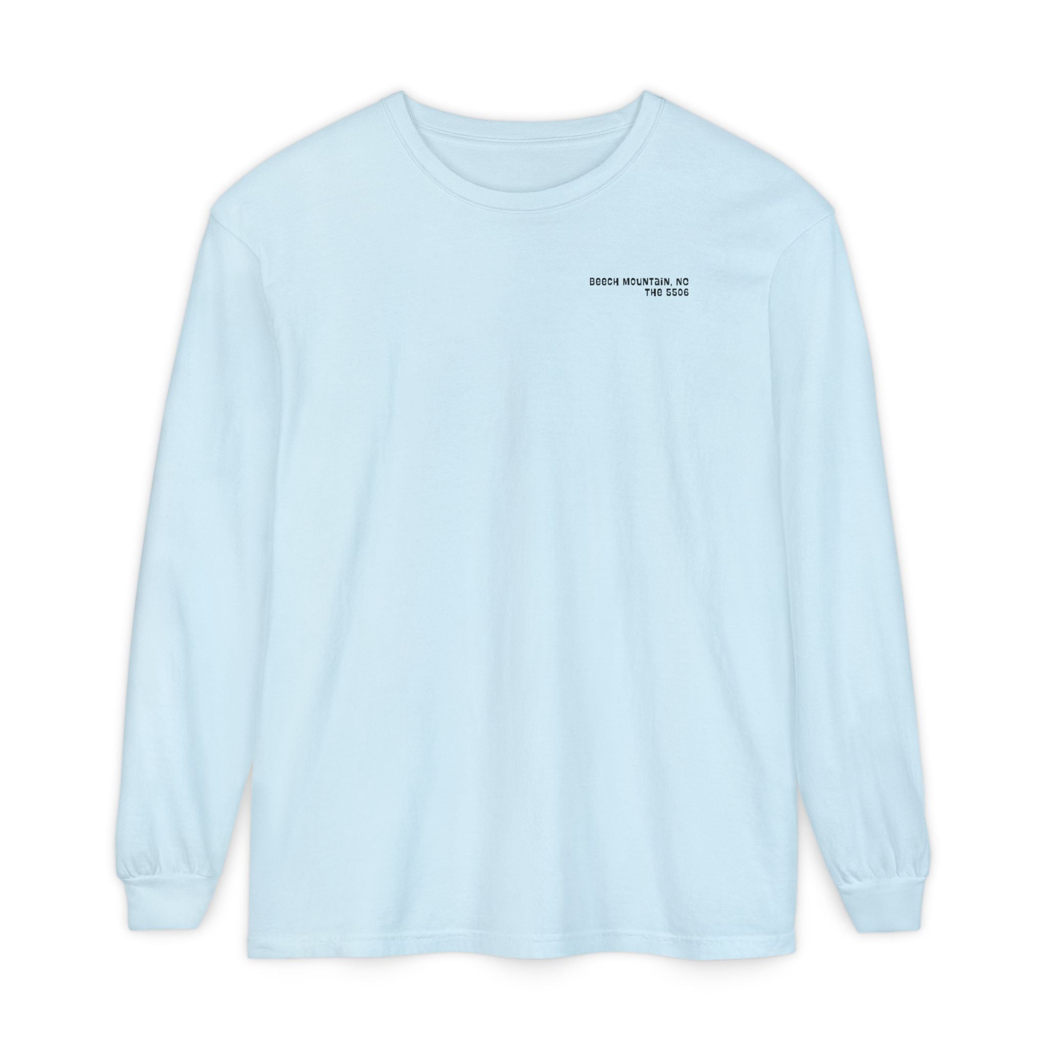 Light blue unisex Comfort Colors long-sleeve shirt with text Beech Mountain - The 5506 on the front